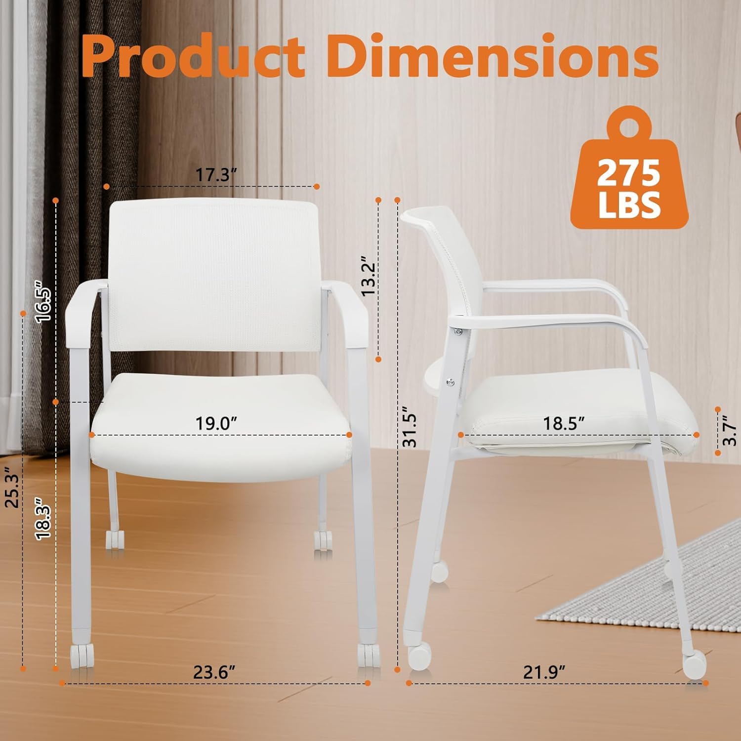 Set of 8, Stacking Office Chairs with Wheels | Mesh Back, Thicken Leather Seat and Streamline Armrests, Ergonomic Lumber Support | School, Desk, Guest Reception, Waiting, Conference | White