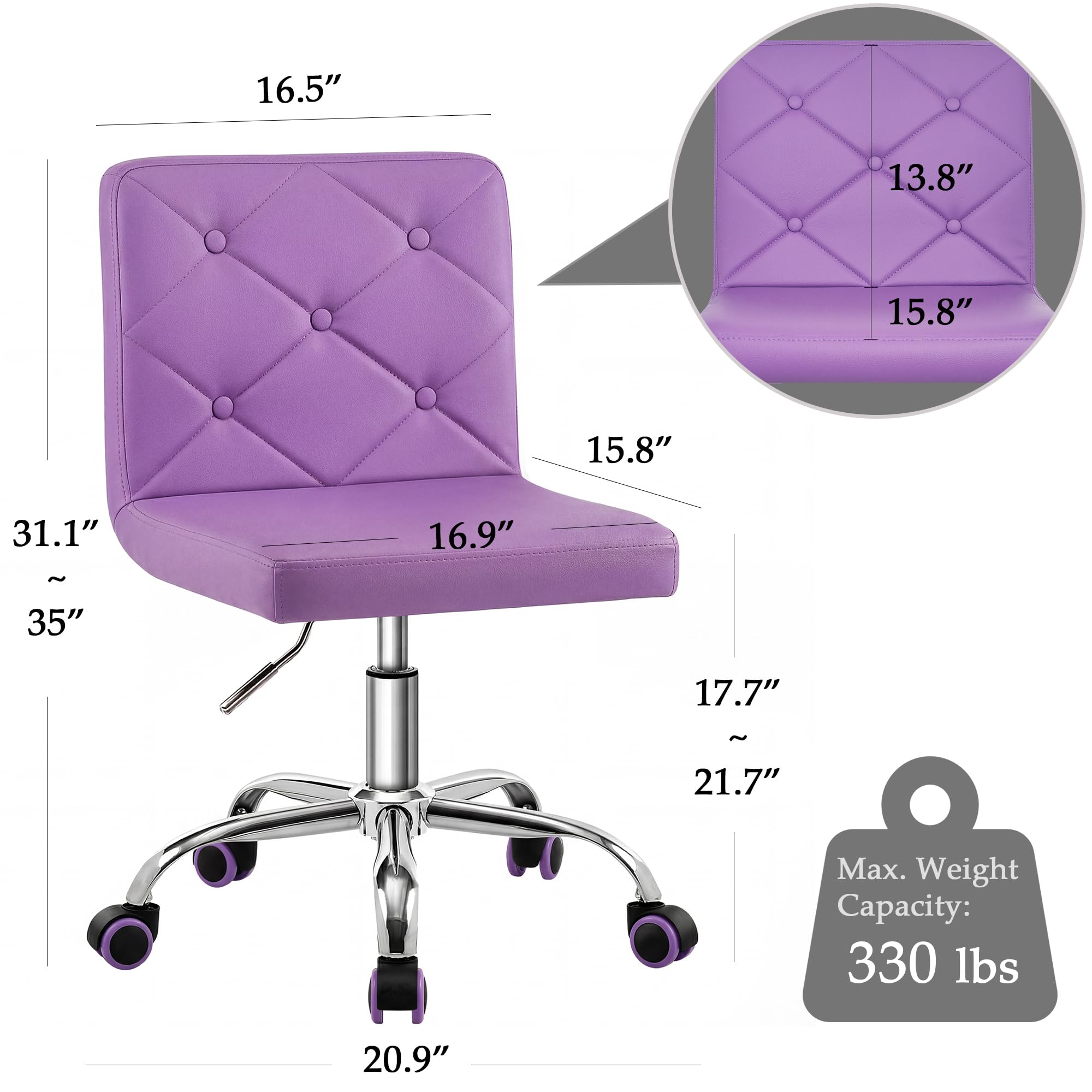 PU Leather Mid-Back Armless Vanity Chair Adjustable Height 360° Rolling Swivel for Office Work