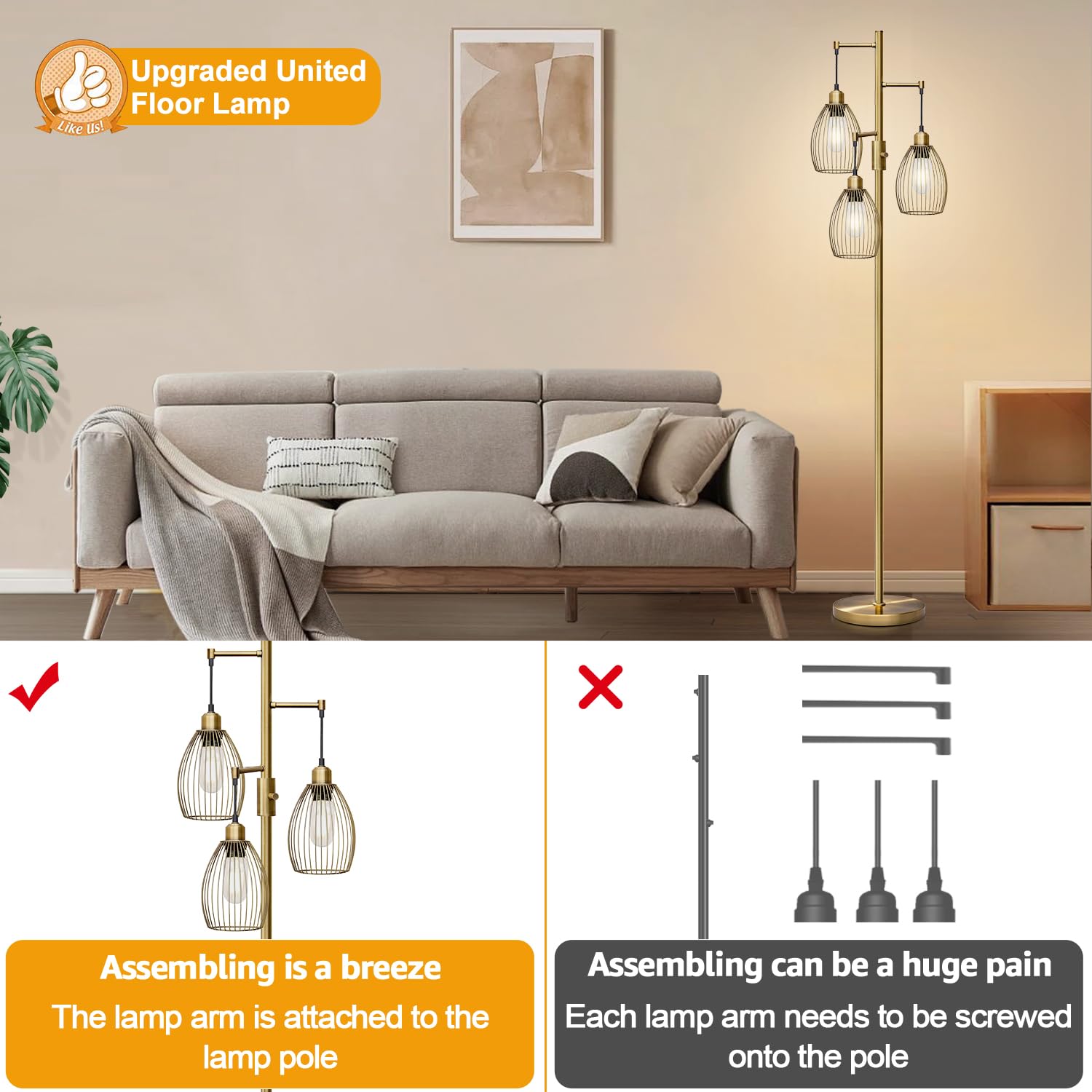 Floor Lamp, 3 x 800LM LED Edison Bulbs Included, Farmhouse Industrial Floor Lamp Standing Tree Lamp with Elegant Teardrop Cage Tall Lamps for Living Room Bedroom Office Dining Room-Brass