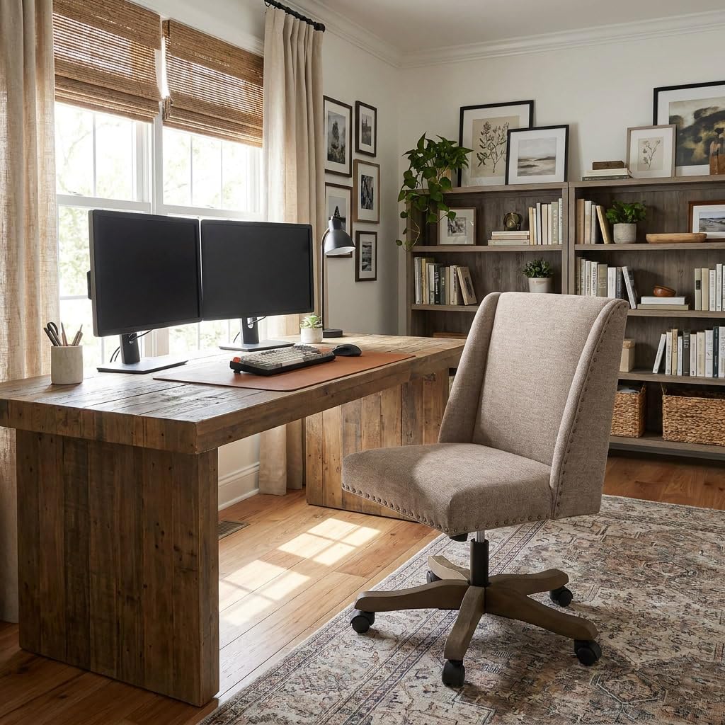 Upholstered Armless Office Chair with Wooden Legs, Modern Adjustable Home Office Desk Chair Computer Chair Swivel Chair for Home Office Study Studio (Brown)