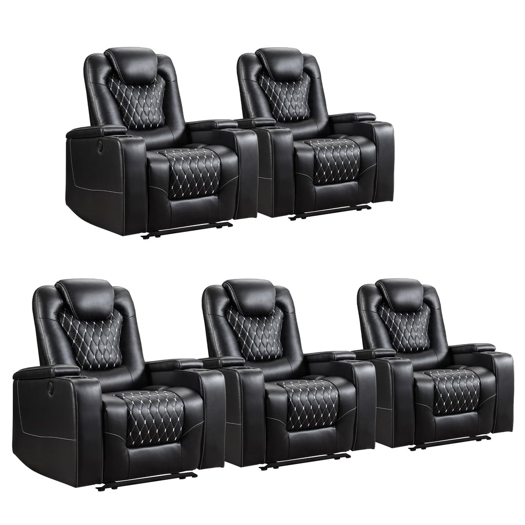 Power Recliner Chair Set of 5, Electric Soft Faux Leather Reclining Home Theater Seating - USB Ports, Cup Holders, Hidden Arm Storage Movie & Media Room Chairs (Black)