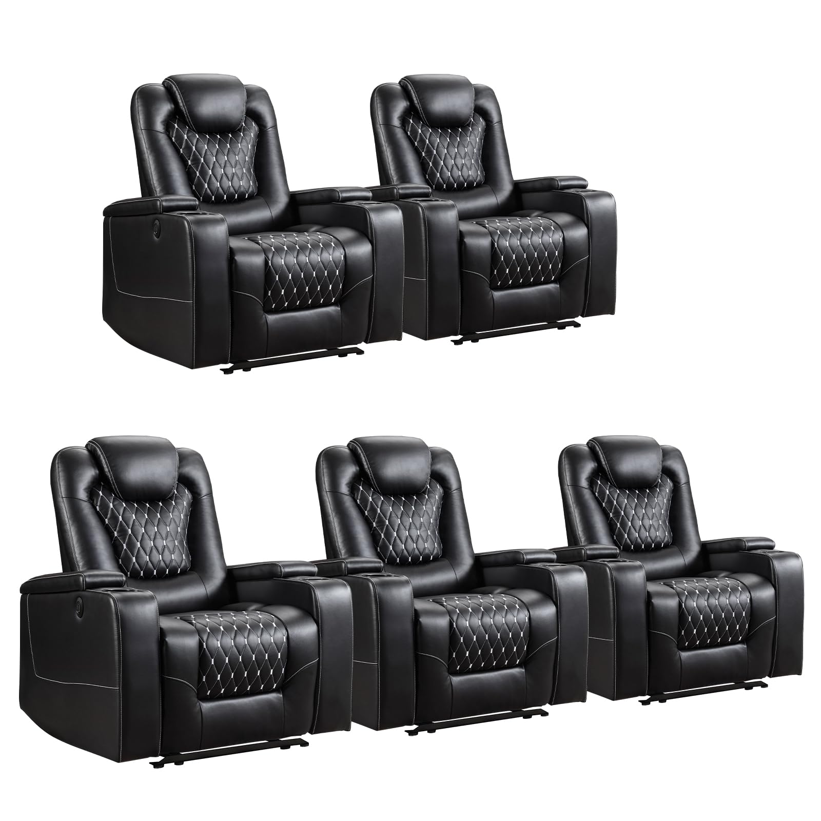 Power Recliner Chair Set of 5, Electric Soft Faux Leather Reclining Home Theater Seating - USB Ports, Cup Holders, Hidden Arm Storage Movie & Media Room Chairs (Black)