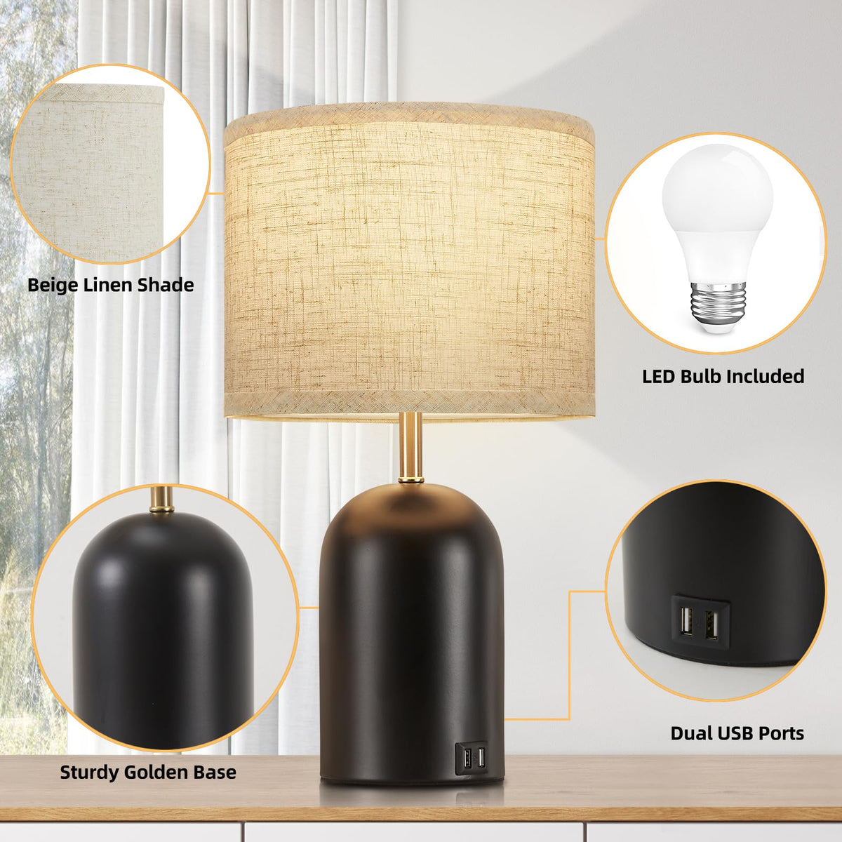 Touch Control Table Lamps Set of 2, Black Bedside Lamps for Bedroom