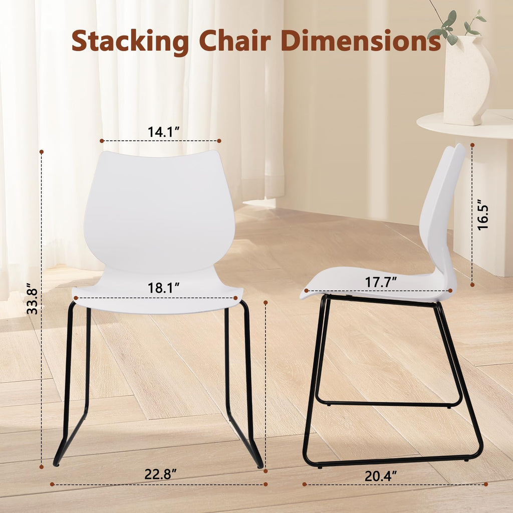 Set of 12, Stackable Waiting Room Chair, Stacking Office Chair with Ergonomic Lumbar Support and Metal Legs, Plastic Desk Chairs for Conference School Church Guest Reception ,White