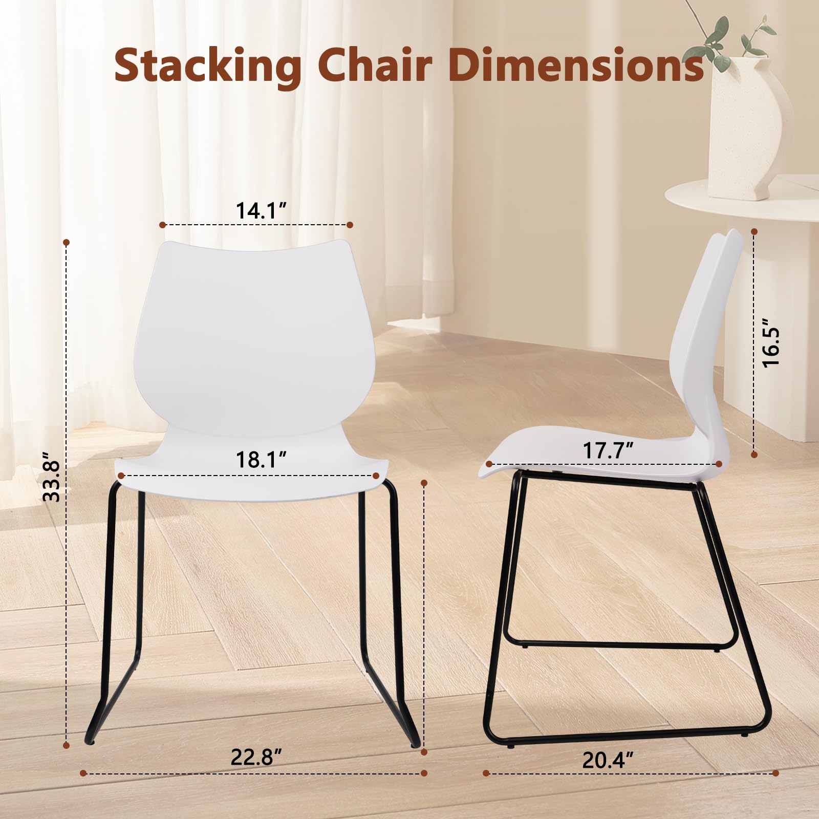 Set of 12, Stackable Waiting Room Chair, Stacking Office Chair with Ergonomic Lumbar Support and Metal Legs, Plastic Desk Chairs for Conference School Church Guest Reception ,White