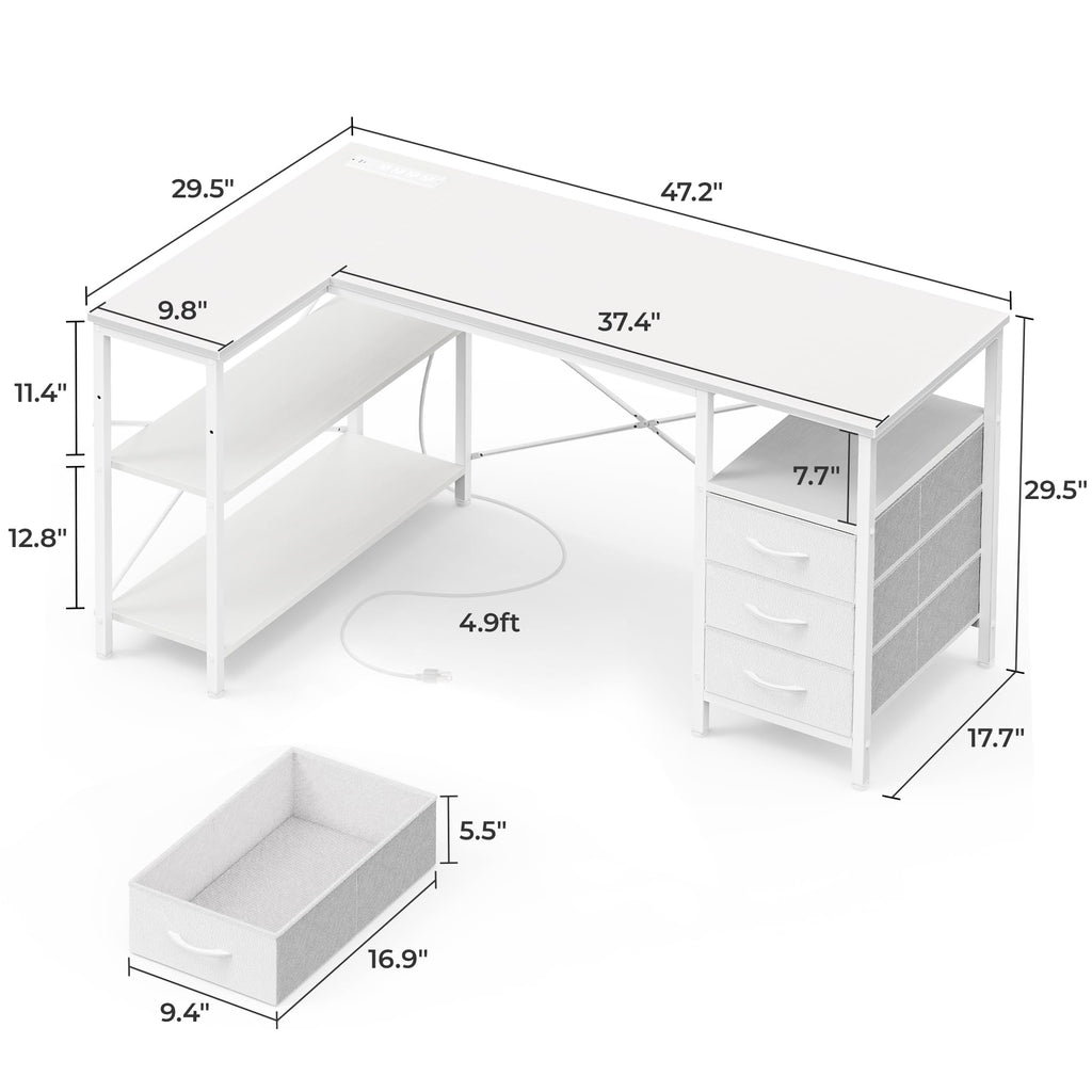 L Shaped Office Desk with Power Outlets, 47 Inch Computer Desk with 3 Drawers, Shelves, for Gaming, Corner Work, Home Office, Study, White