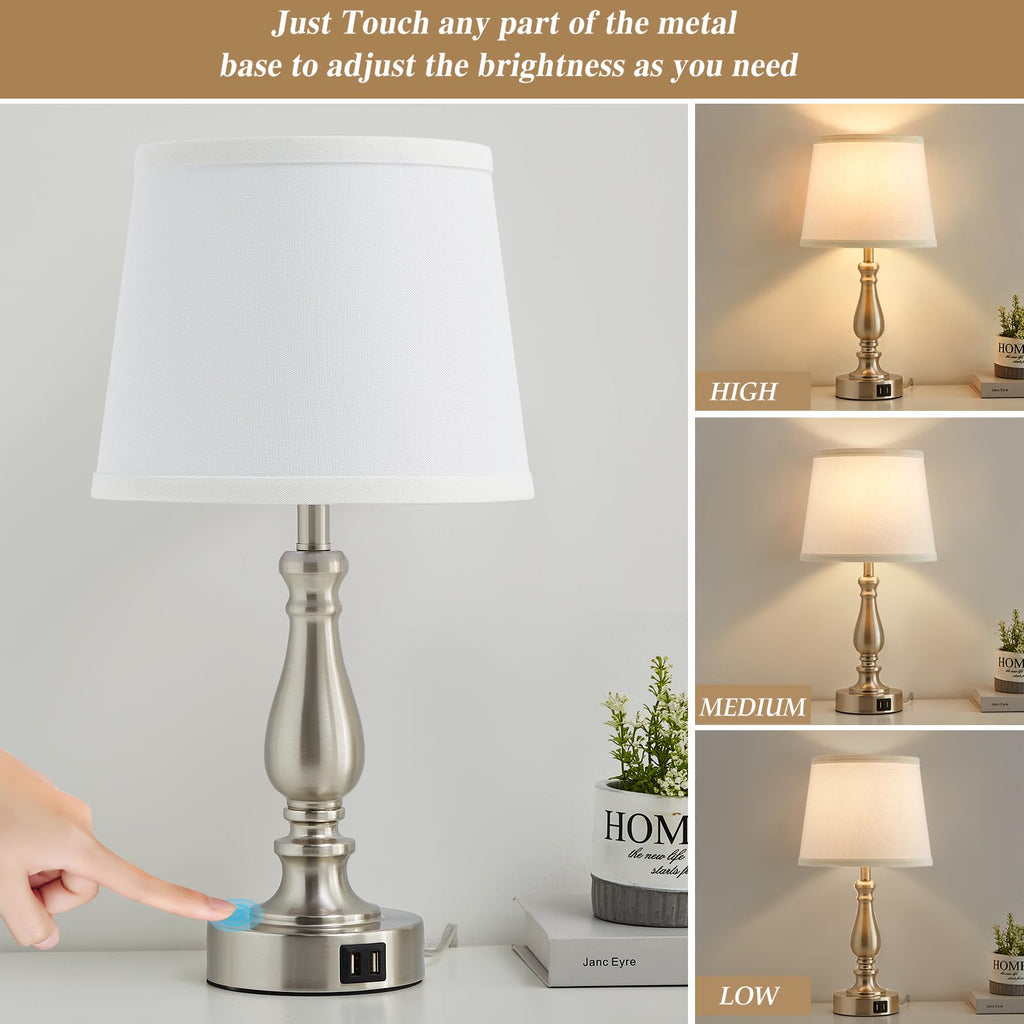 Table Lamps for Bedrooms Set of 2 - Touch Bedside Lamps with USB C+A Ports,Dimmable White Nightstand Lamps for End Tables, Farmhouse Night Stand Lamps for Living Room Bed Side Guest Room