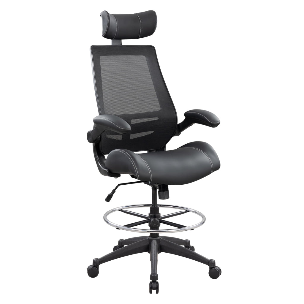 Tall Ergonomic Office Chair, Sustainable Tech-Leather Drafting Chair with Adjustable Foot Ring, 90° Flip-Up Arms Space Saving Mesh Computer Desk Chair for Standing Desk Executive Work 8+ Hours