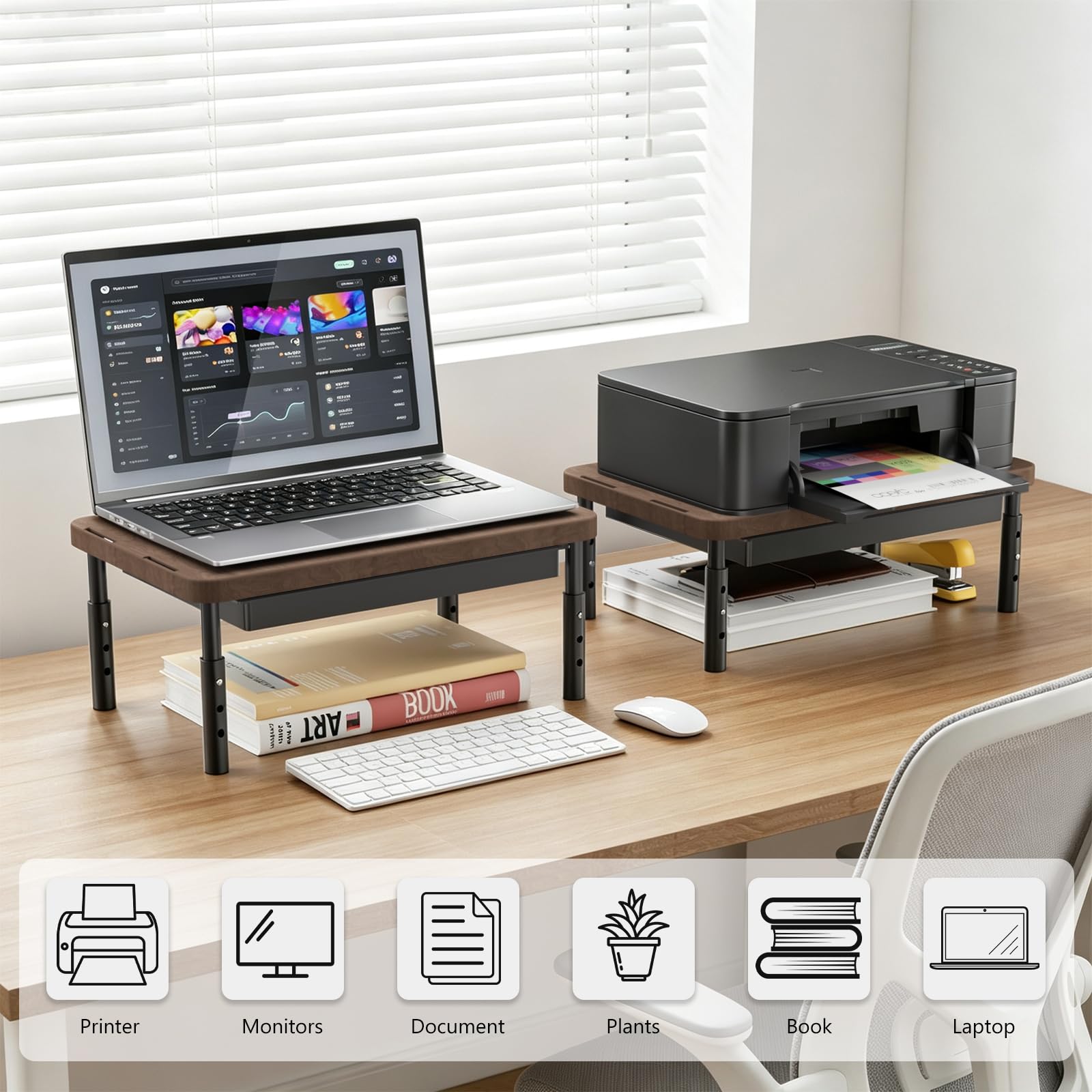 Plastic Computer Monitor Stand with Storage, Desk Monitor Riser 3 Height Adjustable, Laptop Riser with Airflow Vents, Desk Organizer for Computer, Laptop, Printer (PTT002-C), 1 Pack, Brown