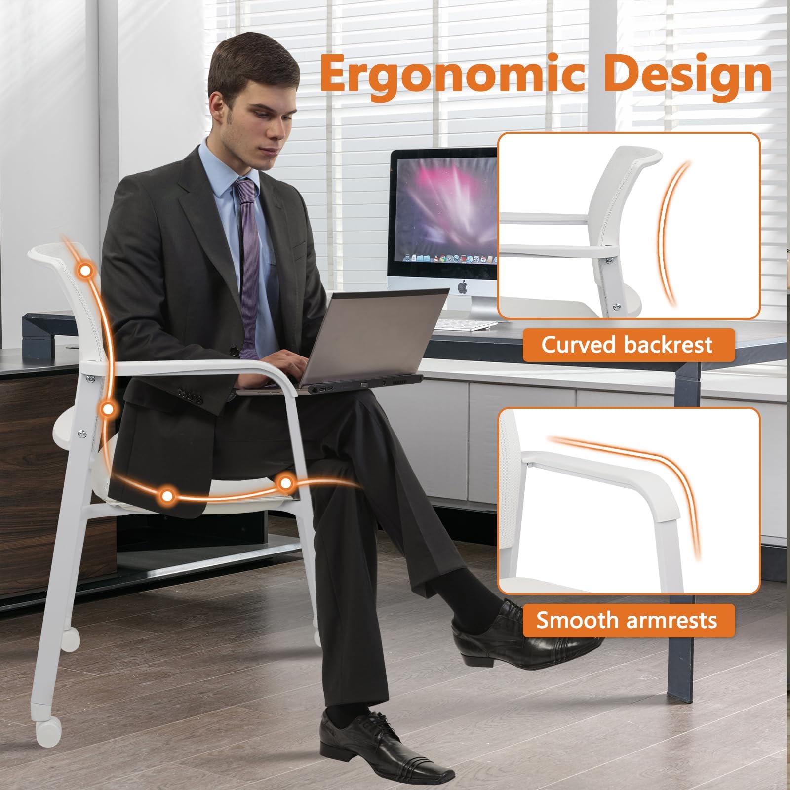 Set of 2, Stacking Office Chairs | Mesh Back, Thicken Leather Seat and Arms, Ergonomic Lumber Support | Guest Reception, Waiting, Conference, School, Party, Customer, Side, Stationary | White