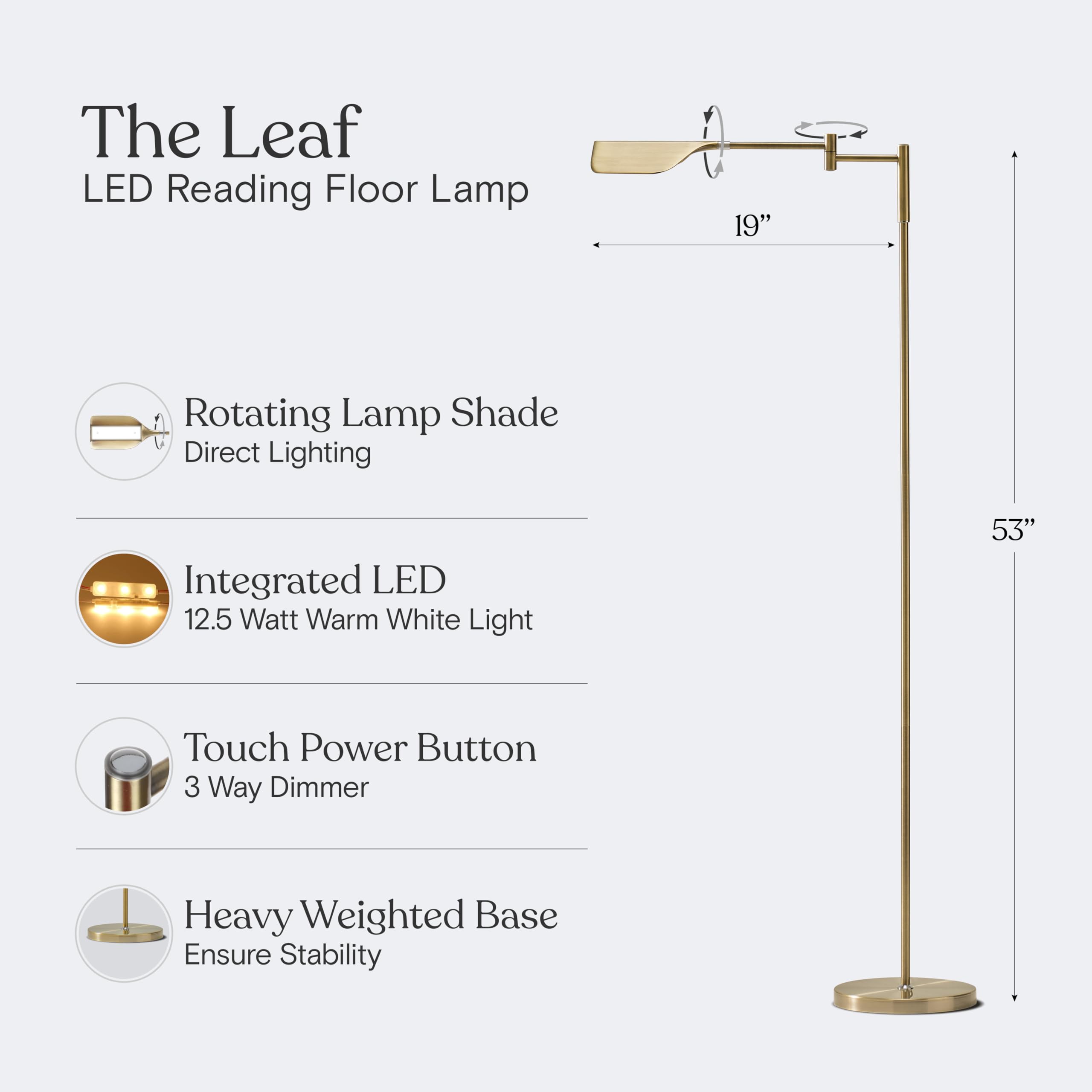 Leaf Pharmacy LED Reading Lamp, Dimmable Floor Lamp with Easy Rotation over Chair or Desk for Living Rooms & Offices, Adjustable Standing Tall Lamp, For Sewing & Crafts, Antique Brass (Gold)