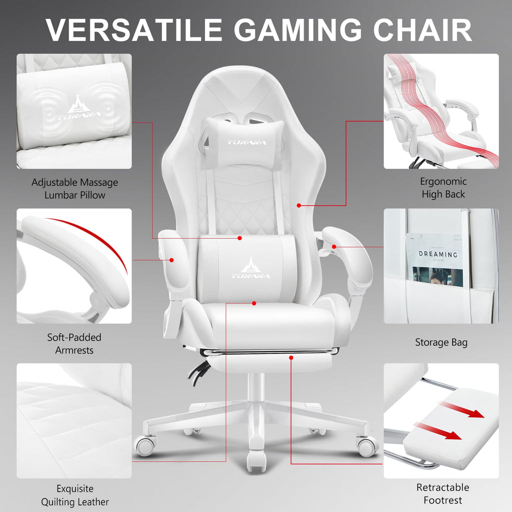 White Gaming Chair,Ergonomic Massage Computer Office Desk Chair with Footrest,Pocket Spring Cushion,Reclining Leather Adjustable Gamer Chair with Headrest and Lumbar Support,White