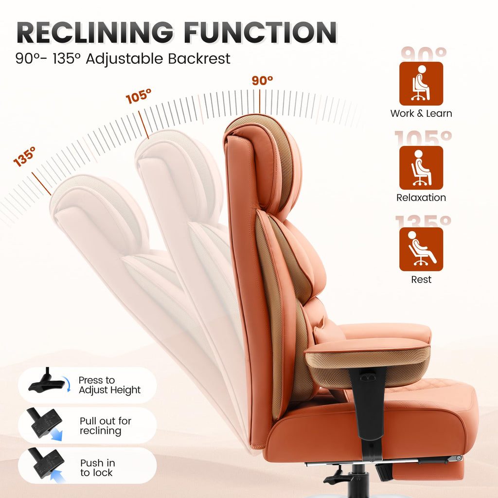 Office Desk Chair, Big and Tall Leather Gaming Chair with Footrest, Wide Ergonomic Comfy Executive High-Back Reclining Computer Chairs, Swivel Rolling Wheels and Padded Lumbar Support, Brown