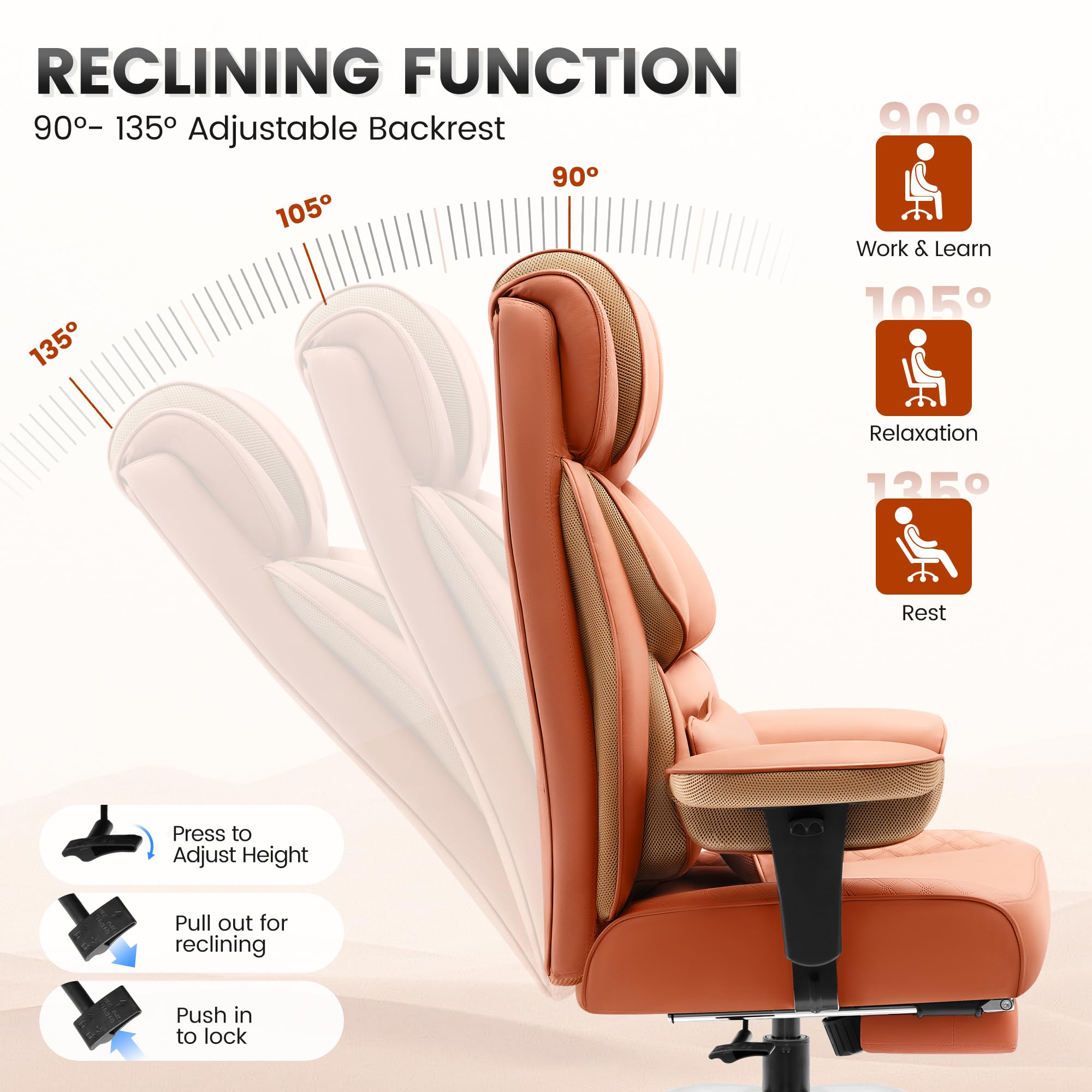 Office Desk Chair, Big and Tall Leather Gaming Chair with Footrest, Wide Ergonomic Comfy Executive High-Back Reclining Computer Chairs, Swivel Rolling Wheels and Padded Lumbar Support, Brown