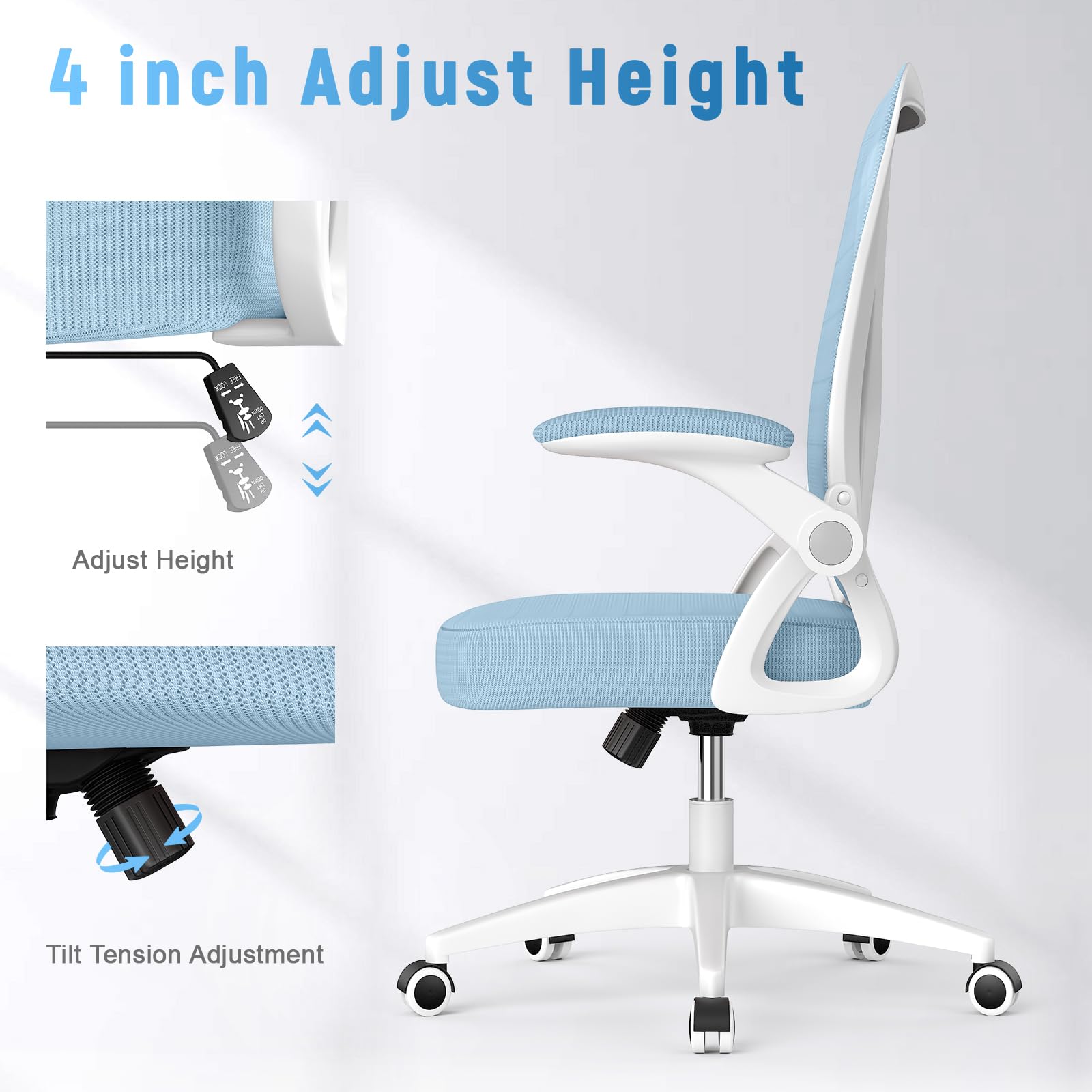 Office Chair, Desk Chair with Adjustable Height, Flip-Up Arms and Lumbar Support, Mid-Back Breathable Mesh Home Office Chair, Blue