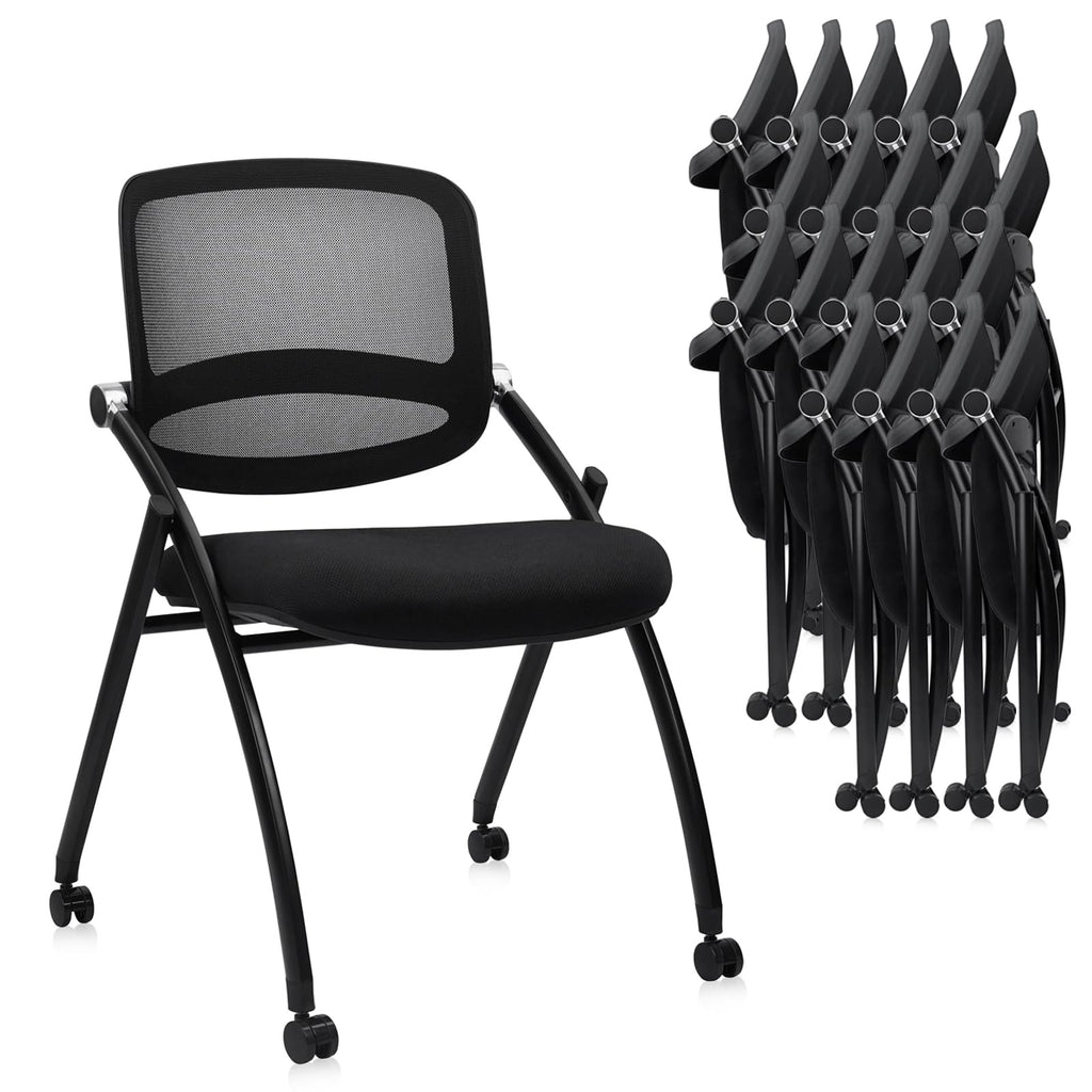 20 Pack, Stackable & Foldable Chairs with Wheels, Reception Guest Chairs with Lumbar Support, Ergonomic Curved Mesh Back Folding Chair for Office Schools Conference Waiting Room, Black