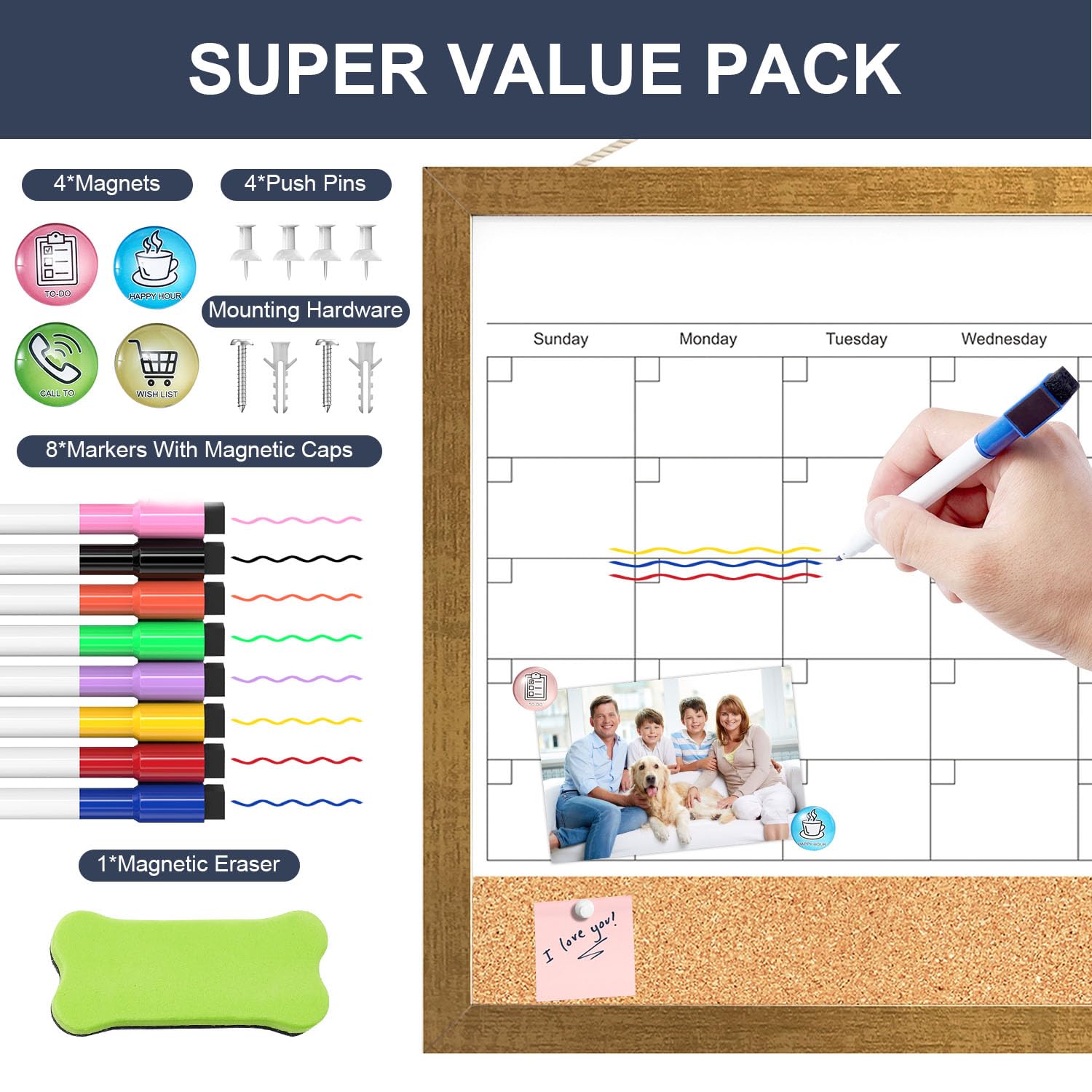 Calendar Whiteboard for Wall, 17x13 Inches White Board Calendar Dry Erase, Small Magnetic Monthly White Board with Gold Wood Frame, Hanging Dry Erase Board for Kitchen Home Office School Planner