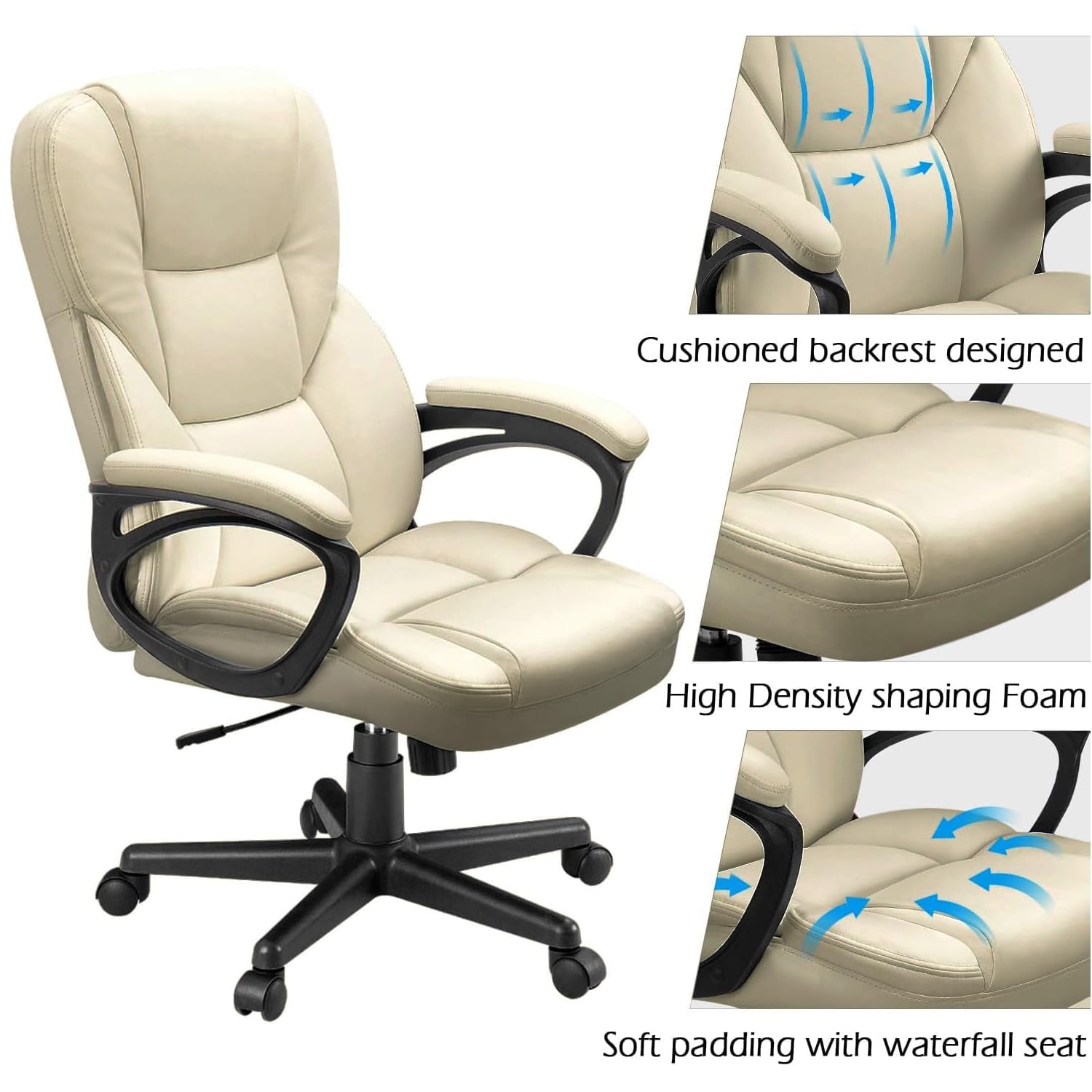 (2, Khaki) Office Executive Chair High Back Adjustable Managerial Home Desk Chair, Swivel Computer PU Leather Chair with Lumbar Support