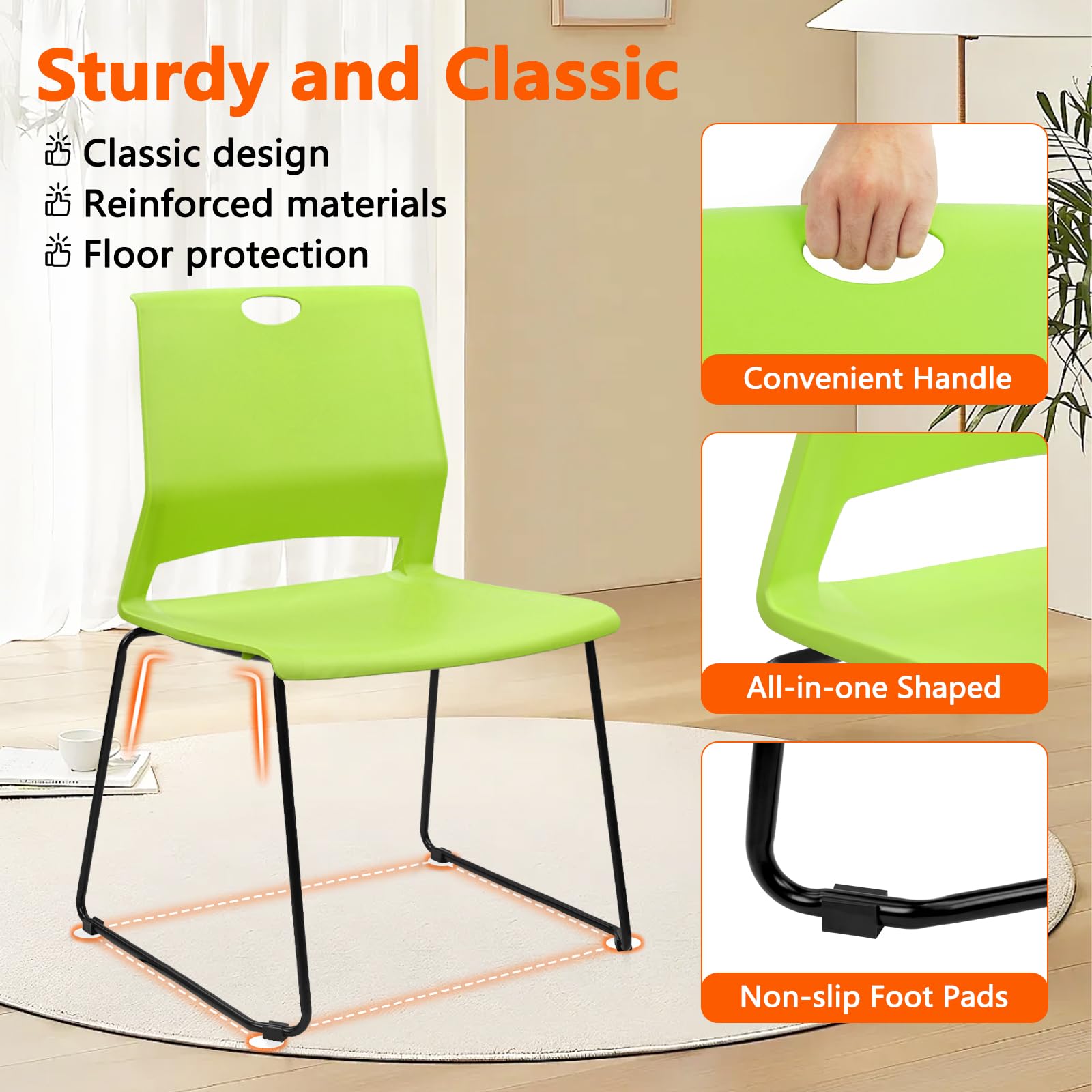 Set of 8, Stackable Guest Reception Chairs, Stacking Office Chair with Ergonomic Lumbar Support & Metal Legs, Plastic Desk Chairs for Conference School Church Waiting Meeting Break Room , Green