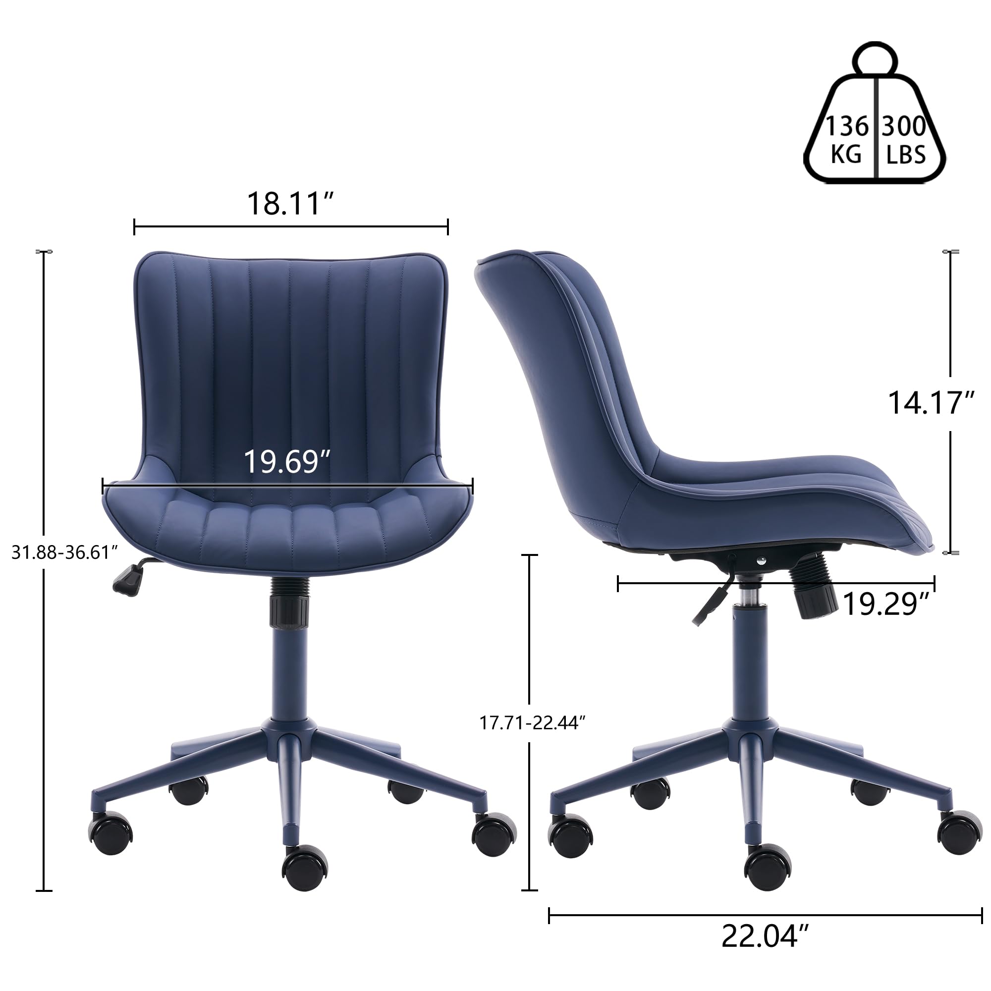 Office Desk Chair with Wheels Armless Vanity Chair with Back Comfy Leather Upholstered Rolling Task Chair Swivel Small Cute Sewing Chair No Arms Wide Ergonomic Mid-Century Modern Navy Blue