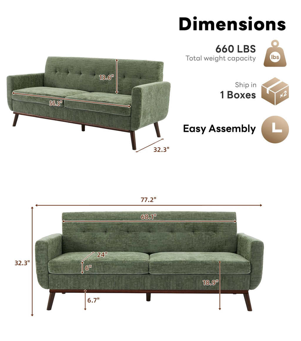 77.2" W Loveseat Sofa, Solid & Easy to Install Small Couch for Bedroom, Office, Apartment, Green