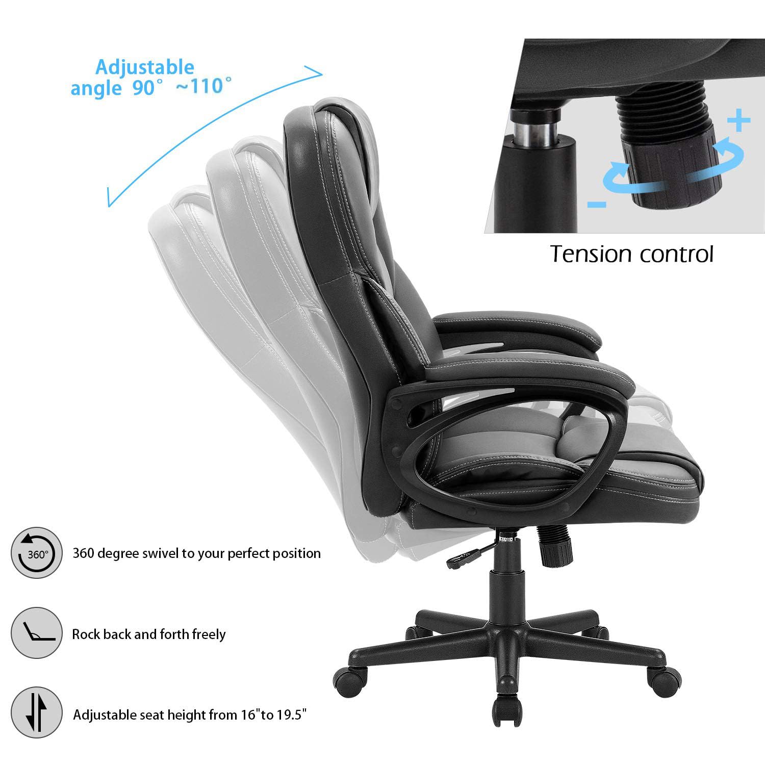 (2, Black) Office Executive Chair High Back Adjustable Managerial Home Desk Chair, Swivel Computer PU Leather Chair with Lumbar Support