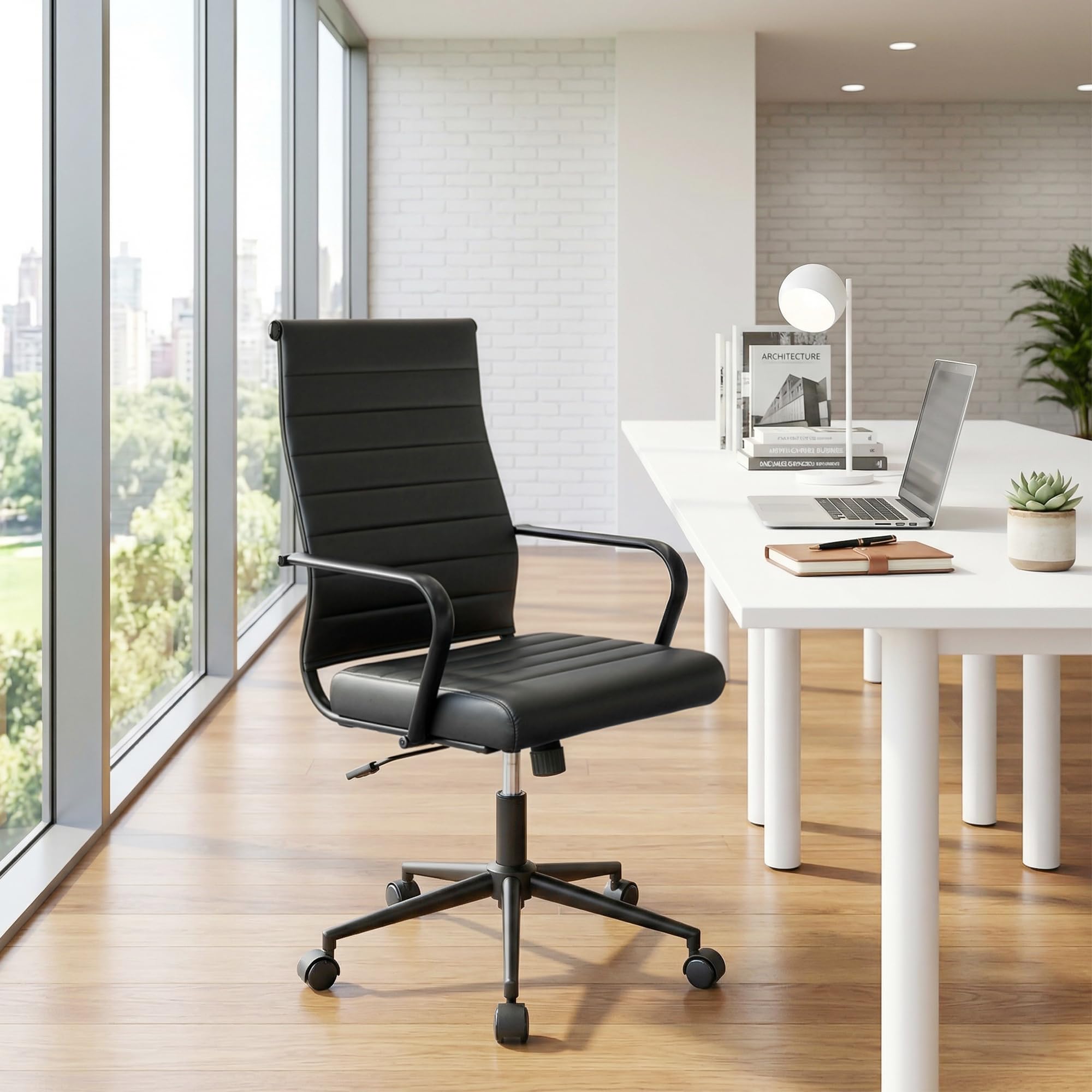 Leather Office Desk Chair, Conference Room Chairs Executive Chair Ribbed, Ergonomic Height Adjustable Swivel Rolling Chair for Home Office