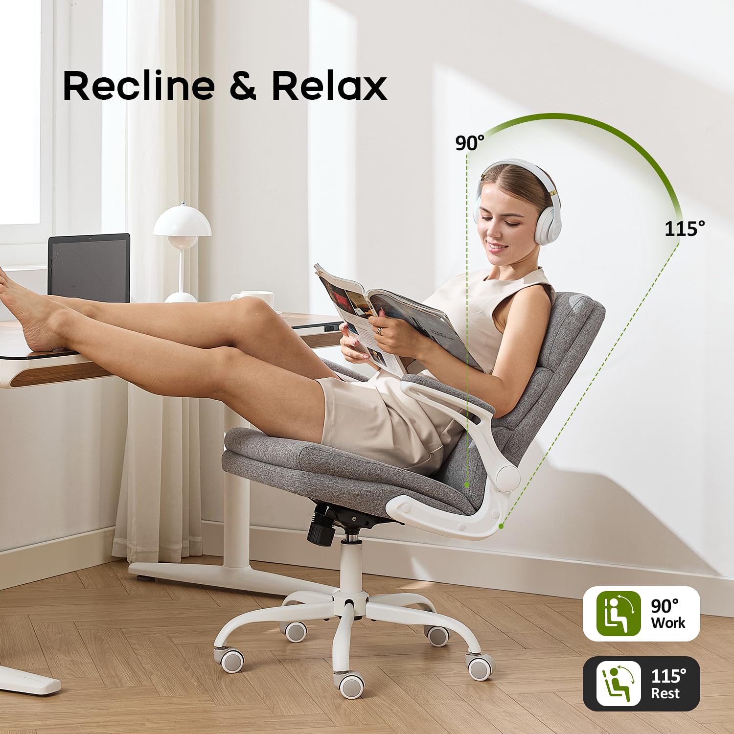 Office Chair Adjustable Desk Chair Mid Back Executive Comfortable Fabric Ergonomic Back Support Home Computer Chair with Padded Flip-up Armrest Swivel Wheels (Cement Gray)