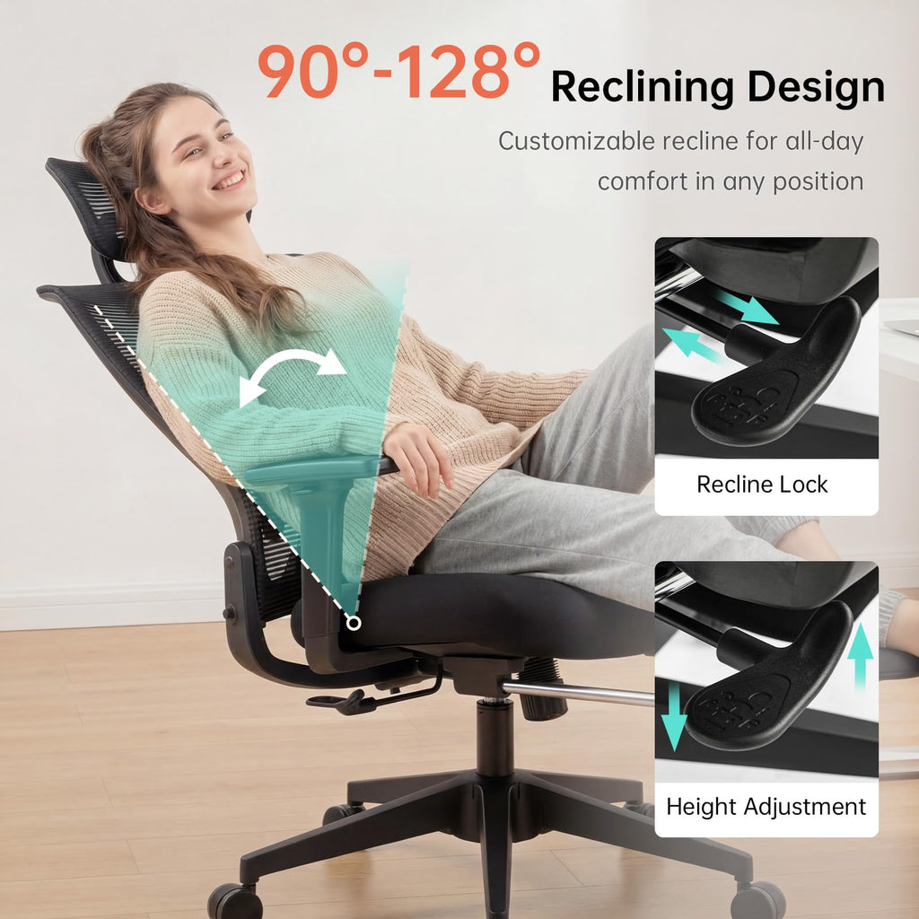 Foldable Office Chair with Foot Rest, Ergonomic Office Chair with Adjustable Lumbar Support, Headrest, Armrest, Home Office Desk Chairs for Space Saving, Work from Home, Black