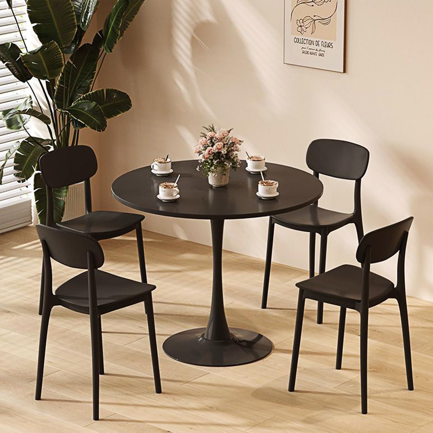 Sybrioka 31.5" Tulip Table for 2-4 Persons Modern Round Dining Room Table, Mid-Century Modern Black Small Kitchen Table with MDF Wooden Top, Leisure Coffee Table for Living Room, Dining Room, Office