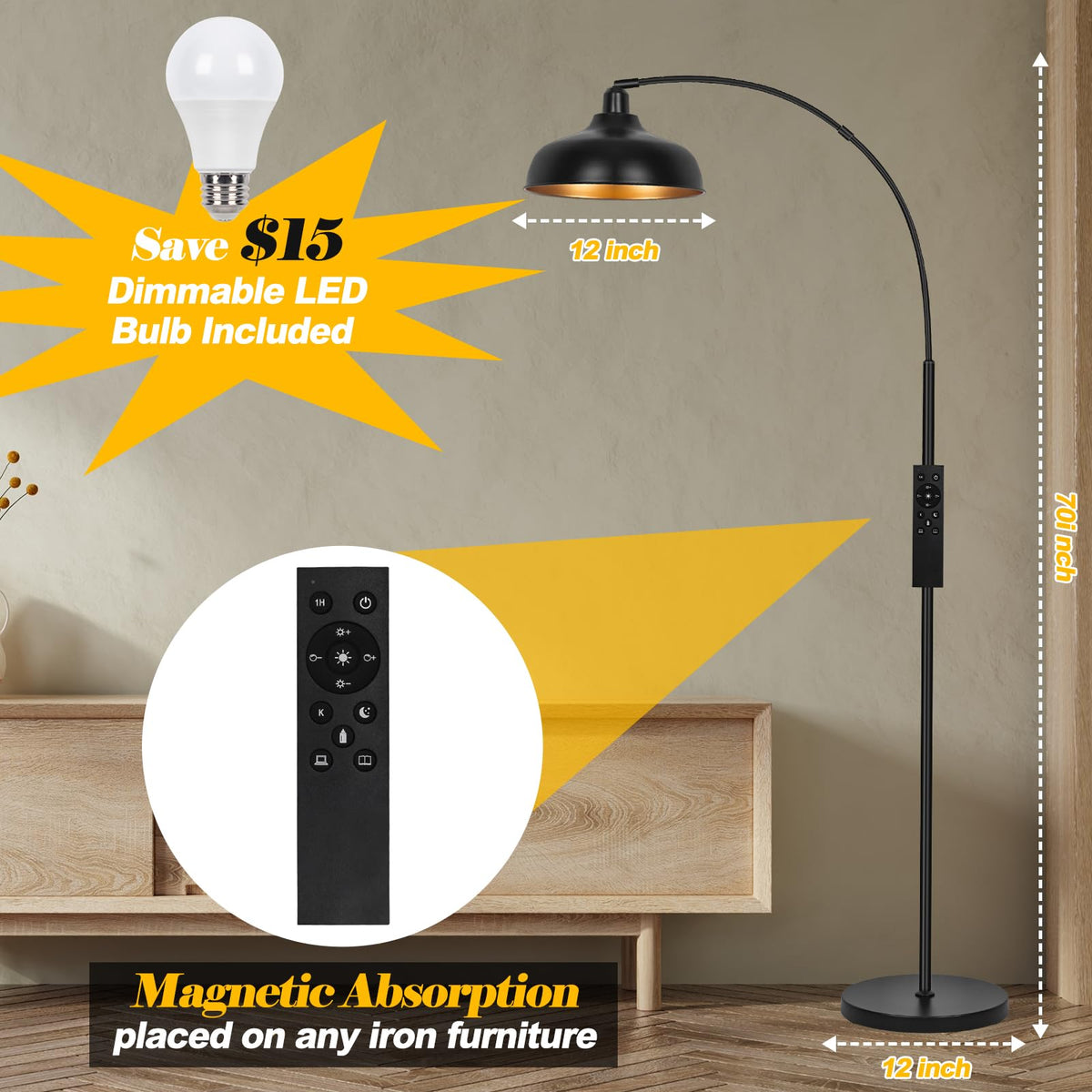 Arch Floor Lamps with Remote, Dimmable Floor Lamp 70” Black Tall Lamp