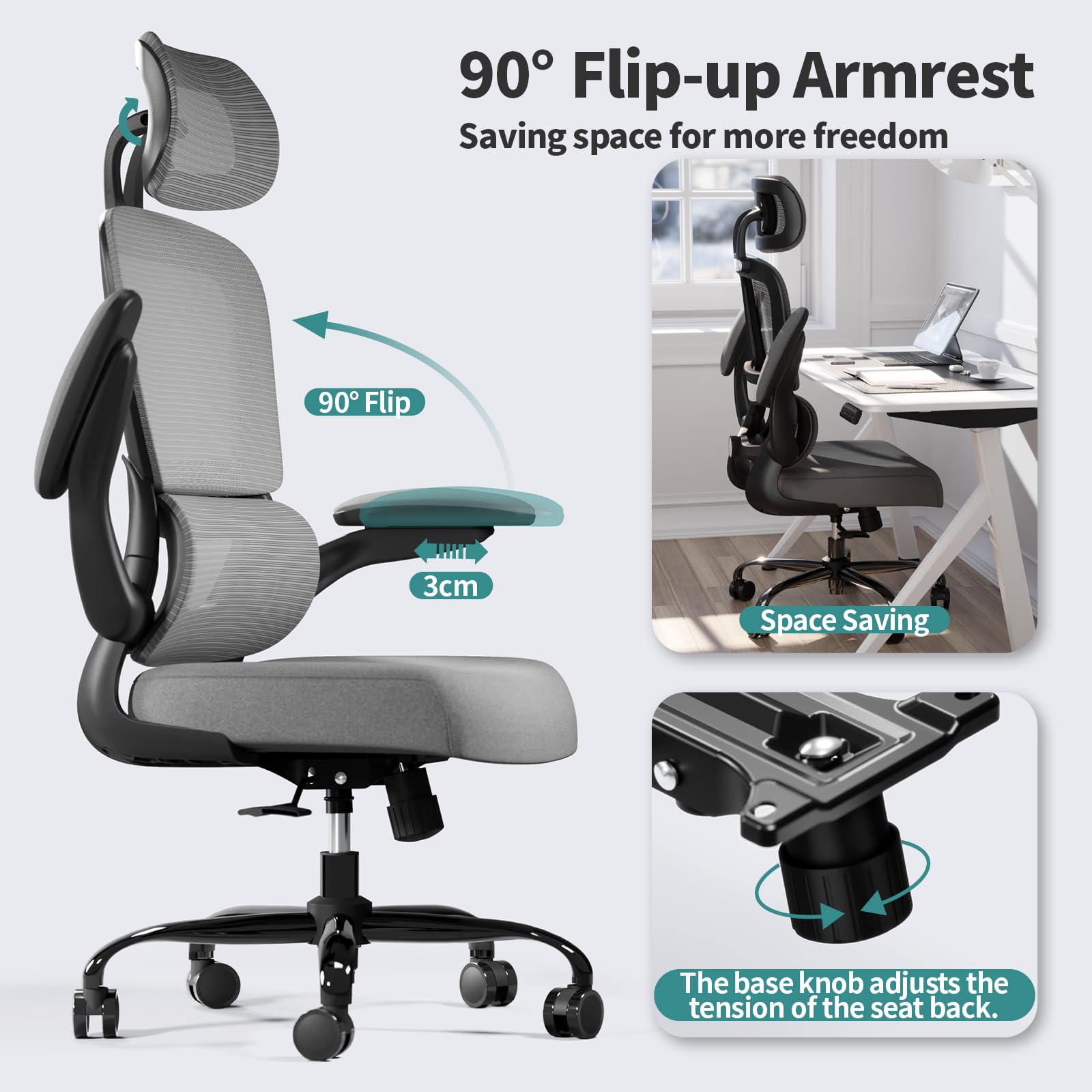 Office Chair Ergonomic Desk Chair, 330 LBS Home Mesh Office Desk Chairs with Wheels, Comfortable Gaming Chairs (Black Grey)