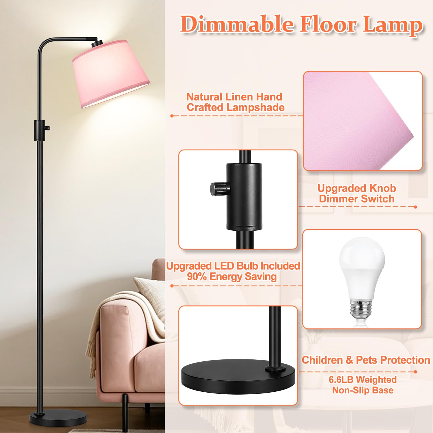 Floor Lamp, 1000 Lumens LED Edison Bulb Included, Arc Black Floor Lamps for Living Room Modern Standing Lamp with Pink Shade, Tall Lamps for Living Room Bedroom Office Dining Room