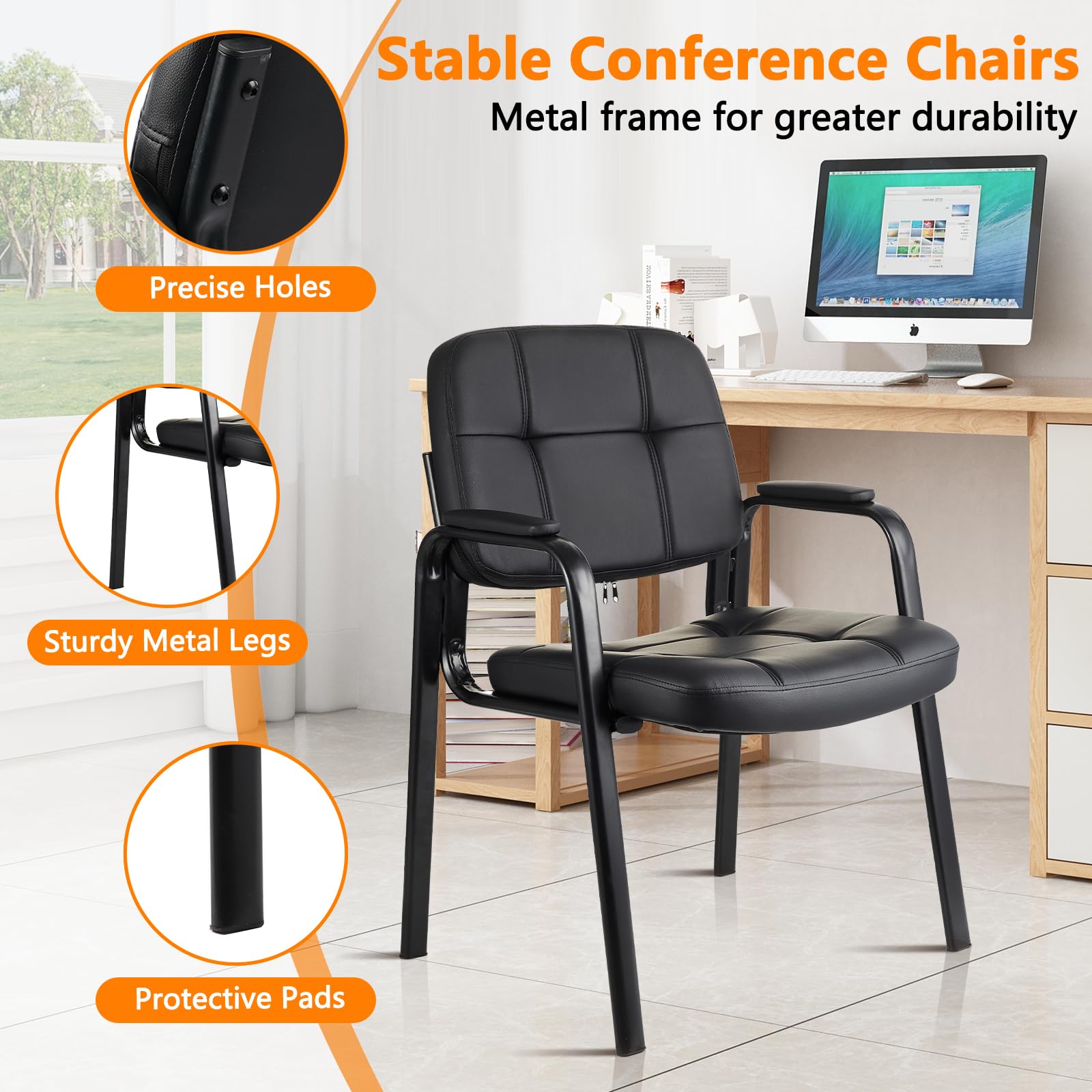 2 Pack, Waiting Room Guest Chair with Bonded Leather Padded Arm Rest for Office Reception and Conference Desk Black