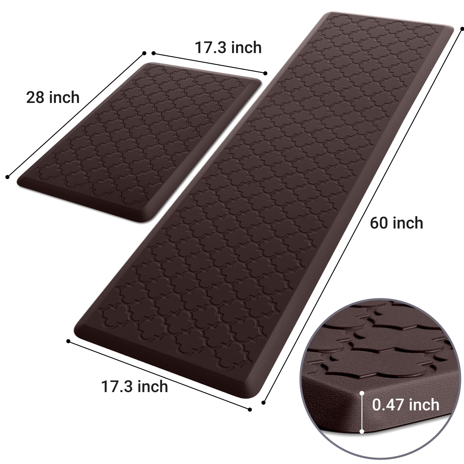 Mat [2 PCS] Cushioned Anti-Fatigue Floor Mat Water Resistant Non-Skid Kitchen Mats and Rugs Ergonomic Comfort Foam Kitchen Rugs Standing Mat for Floor Office Sink Chocolate,17.3"x28"+17.3"x60"