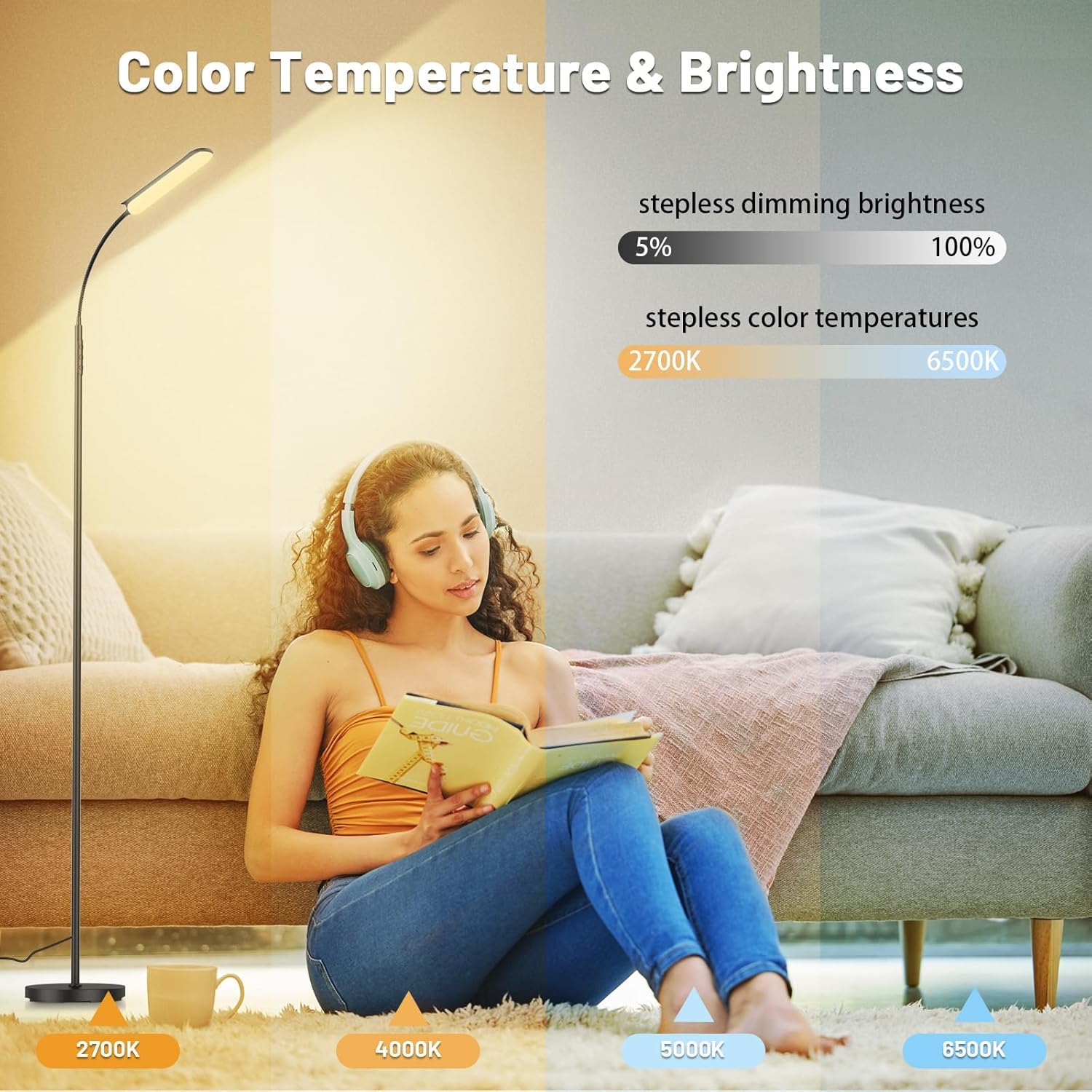 2 Pack, LED Floor Lamp, Super Bright Reading Lamps Floor Standing lamp with Remote & Touch Control, Stepless Dimming & 2700K-6500K Color Temperature, for Living Room Bedroom Office