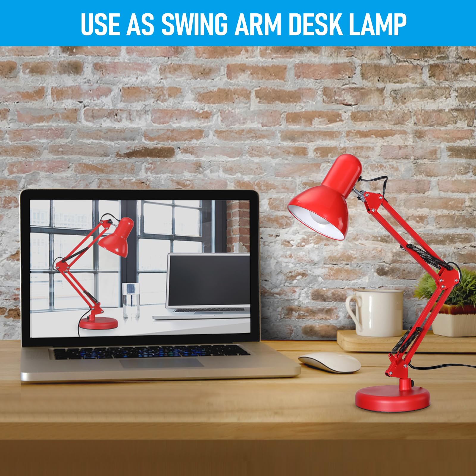 Metal Desk Lamp with Clamp, Swing Arm, Architect Adjustable Gooseneck Table Lamp, Clip Desk Lights for Home Office, Work, Study, Reading, E26 Base, Multi-Joint, Red