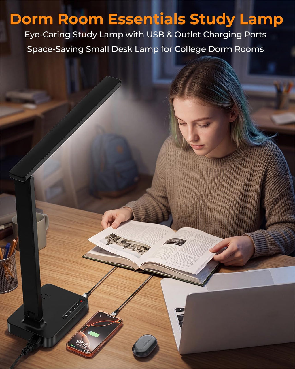 LED Desk Lamp for Dorm Office, USB-C,AC Outlet, Reading Light, Black