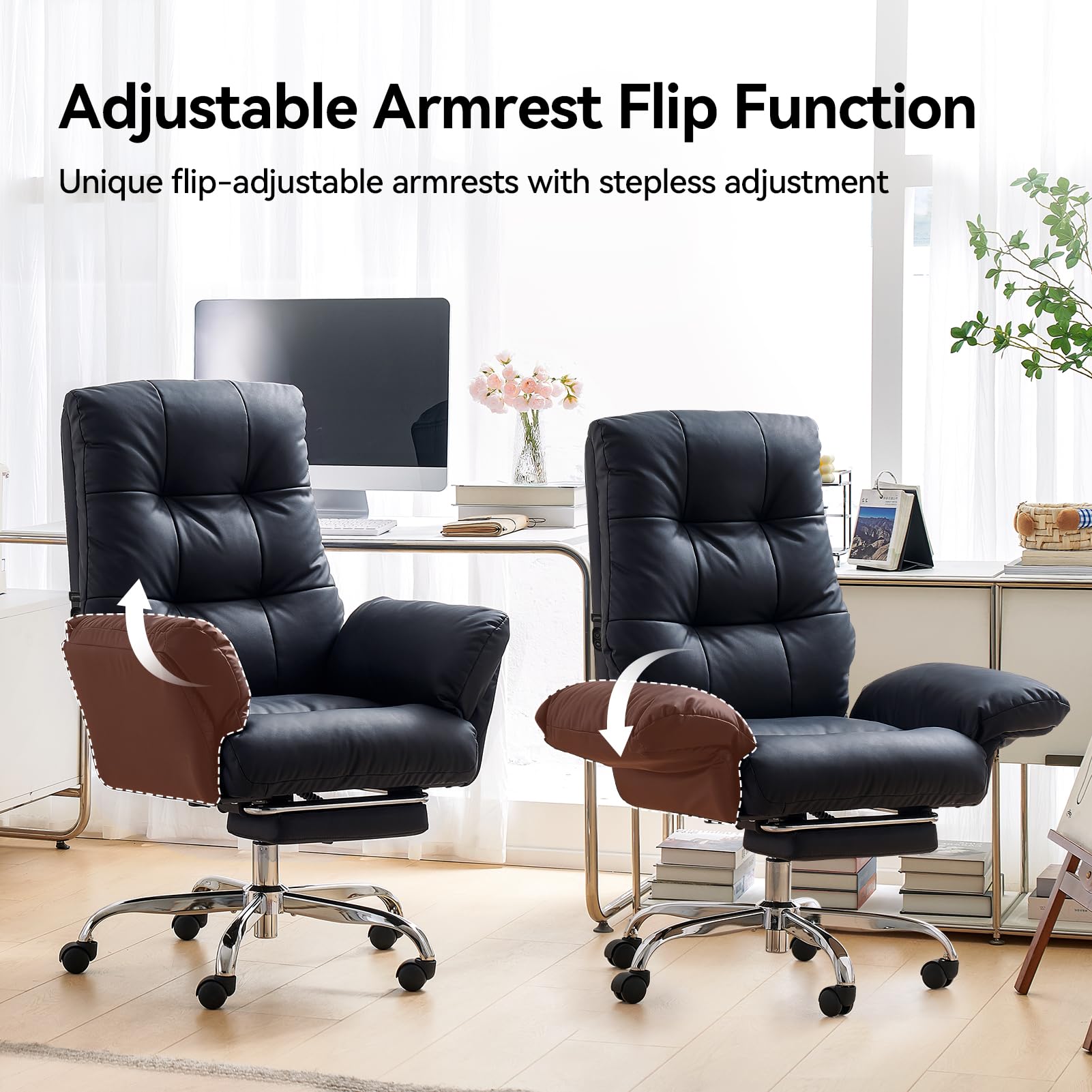 Heated and Massage Office Chair with Foot Rest Criss Cross Chair with Wheels and Flip-up Arms Reclining Desk Chair Comfy Wide Seat PU Leather Rolling Computer Home Office Chair (Black)