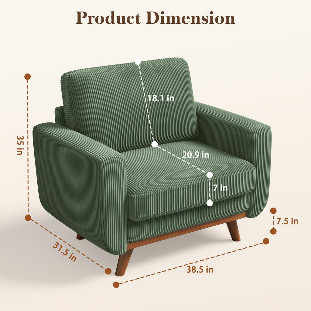 38.5" Accent Chair Green, Comfy Corduroy Single Sofa Seat with Spring Cushion, Upholstered Armchair with Deep Seat, Reading Chair for Adults, Modern Sofa for Living Room, Bedroom