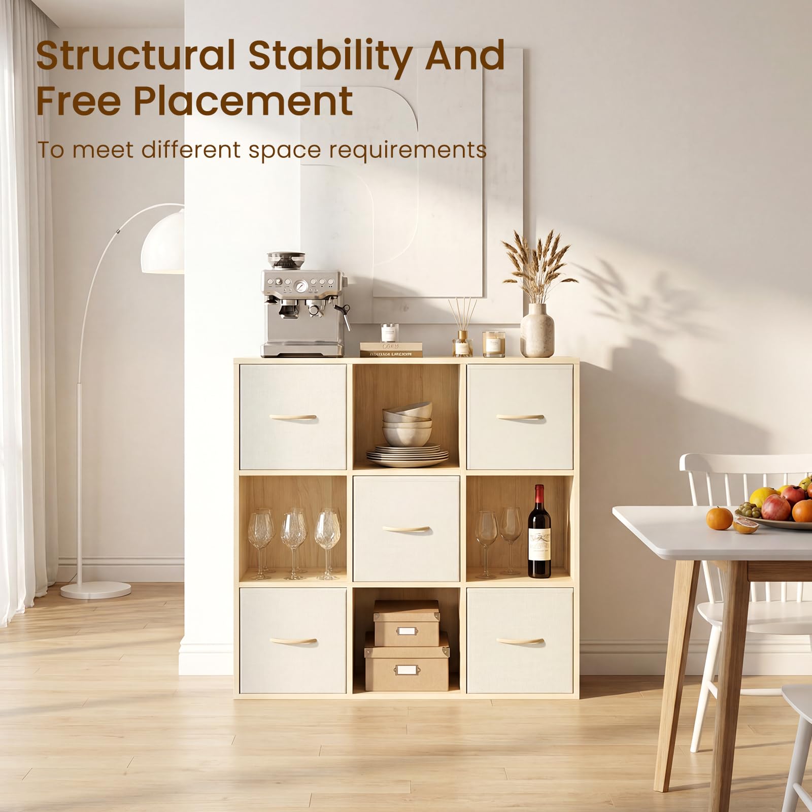 9 Cube Storage Organizer - Solid Wood Bookshelf with 5 Storage Bins, Cube Shelf with 3 Removable Back Panels, Vertical or Horizontal Bookcase, Open Book Shelf for Bedroom, Living Room, Office