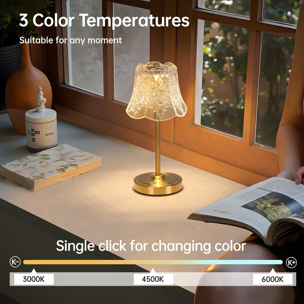 Set of 2 Cordless Touch Table Lamp with 5200mAh Battery - 3 Adjustable Color Temperatures & Dimmable, Rechargeable Lamp for Bedsides, Living Room, Entryway, Bookshelves (Transparent Rose)