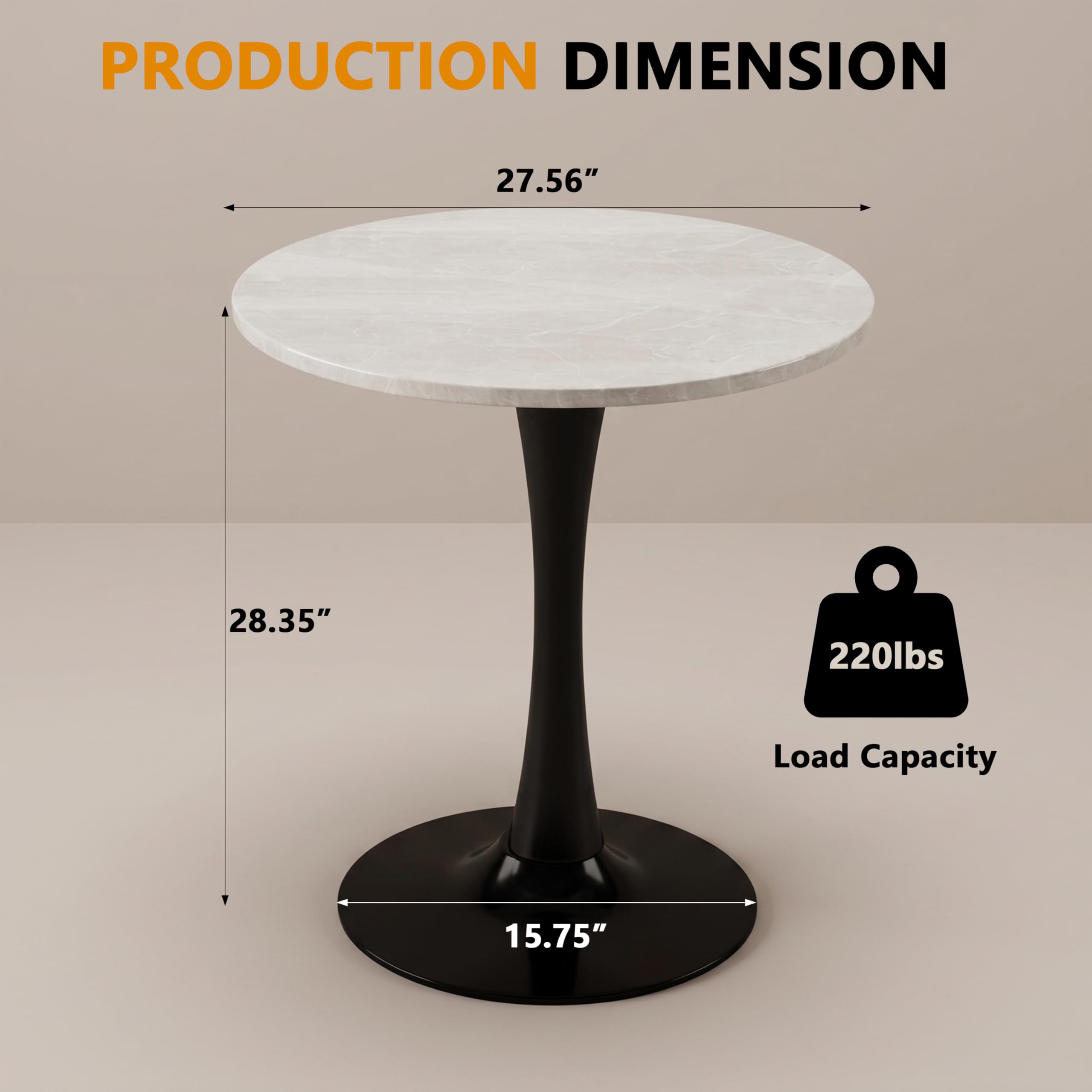 Sybrioka 27.6" Marble Round Tulip Table, Mid-Century Modern Style Dining Table with Black Pedestal Base for 2-4 People, Featuring A Marble Tabletop for Kitchen, Dining Room, Cafe (Grayish White)