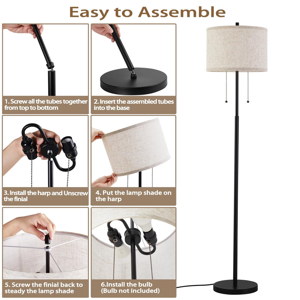Black Floor Lamp, 62" Standing Lamp for Living Room with Lampshade