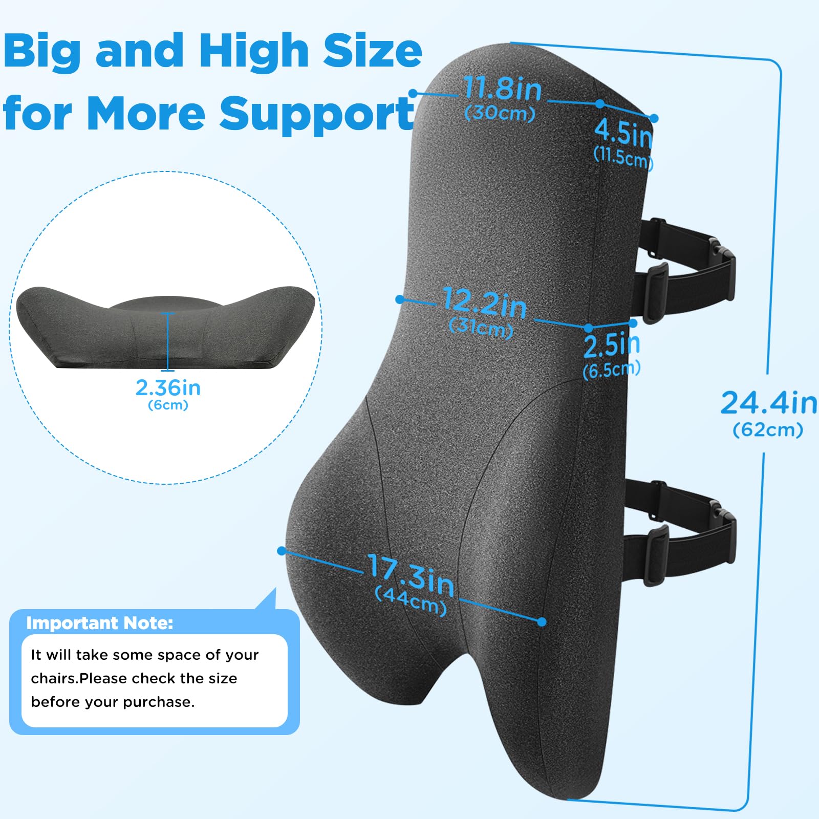 High Back Support Pillow for Office Chair, Fully Support Back Cushion - Memory Foam Lumbar Support Pillow for Office Chair, Desk, Gaming Chair, Promotes Posture Pain Relief Adjustable Straps
