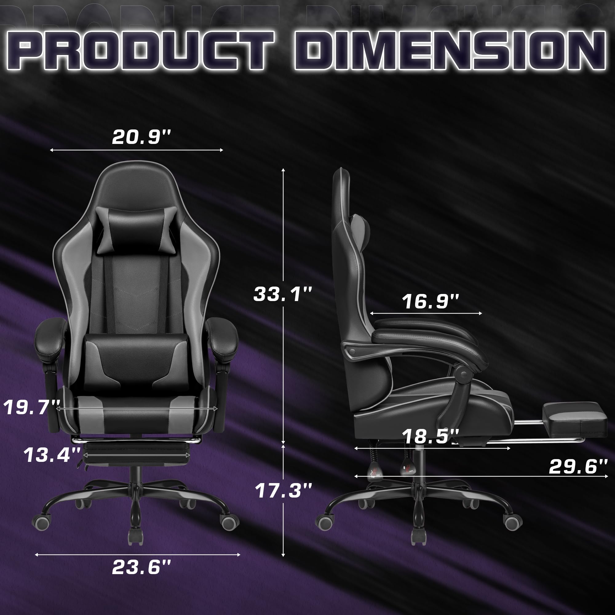 Gaming Chair, Video Game Chair with Footrest and Massage Lumbar Support, Ergonomic Computer Chair Height Adjustable with Swivel Seat and Headrest (Grey)