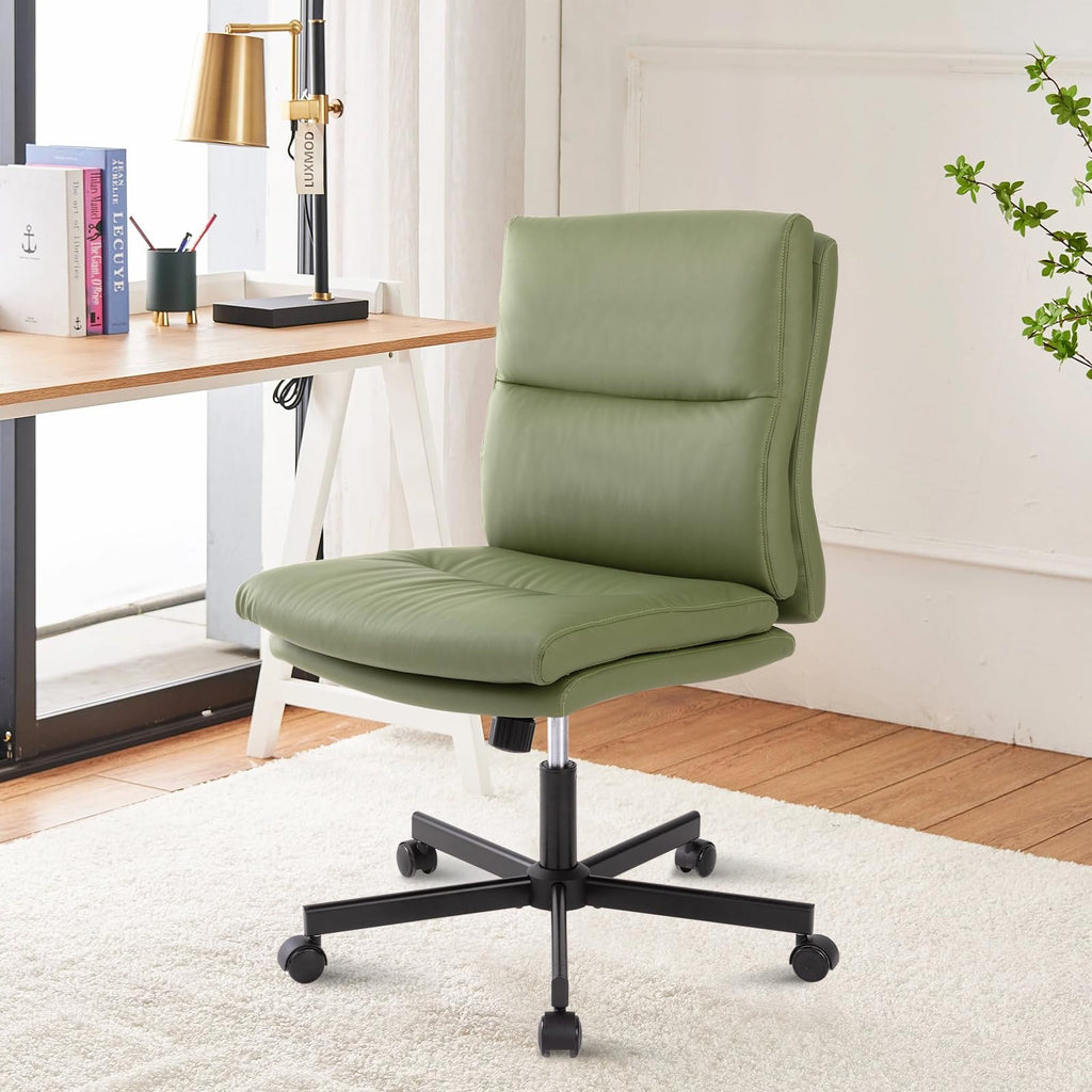 Armless Office Desk Chair with Wheels, Mid-Back Criss Cross Swivel Task Chair, Height Adjustable Cushioned Vanity Chair, Double Padded PU-Leather Chairs for Home, Office & Bedroom (Green)