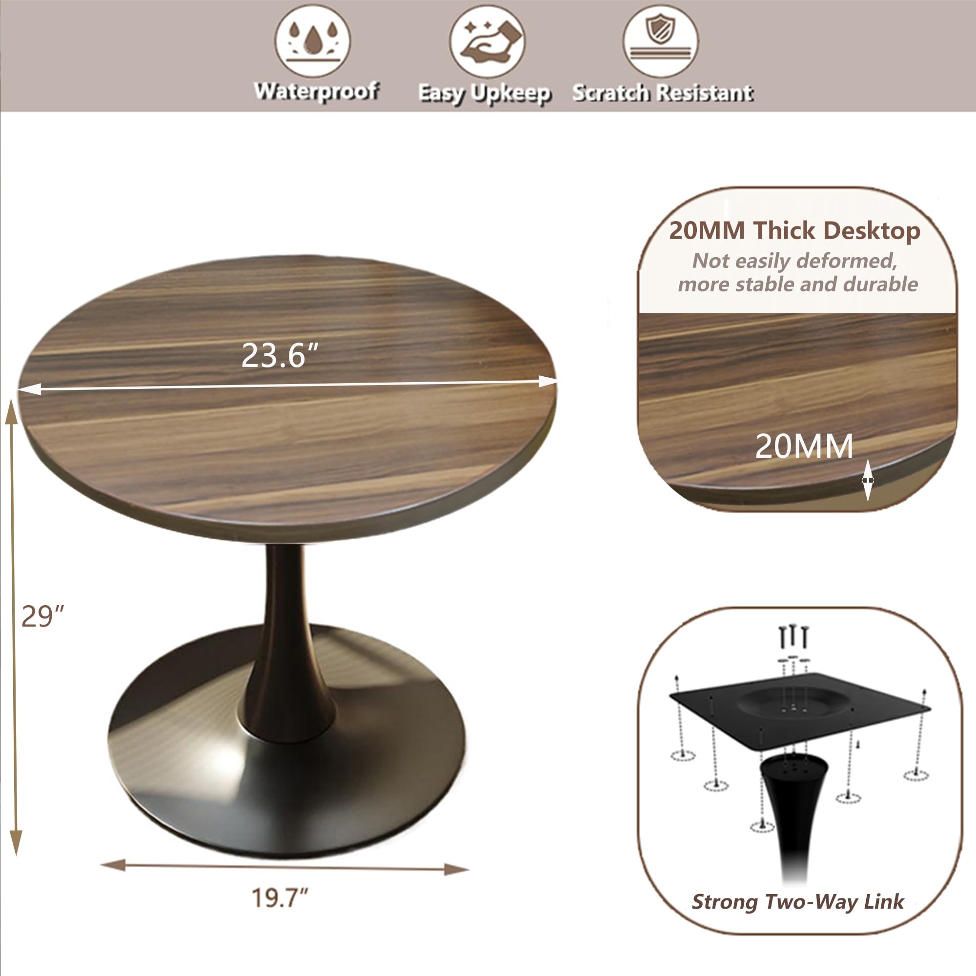 Sybrioka 24" Tulip Table for 1-2 Persons Modern Round Dining Room Table, Mid-Century Modern Walnut Small Kitchen Table with MDF Wooden Top, Leisure Coffee Table for Living Room, Dining Room, Office