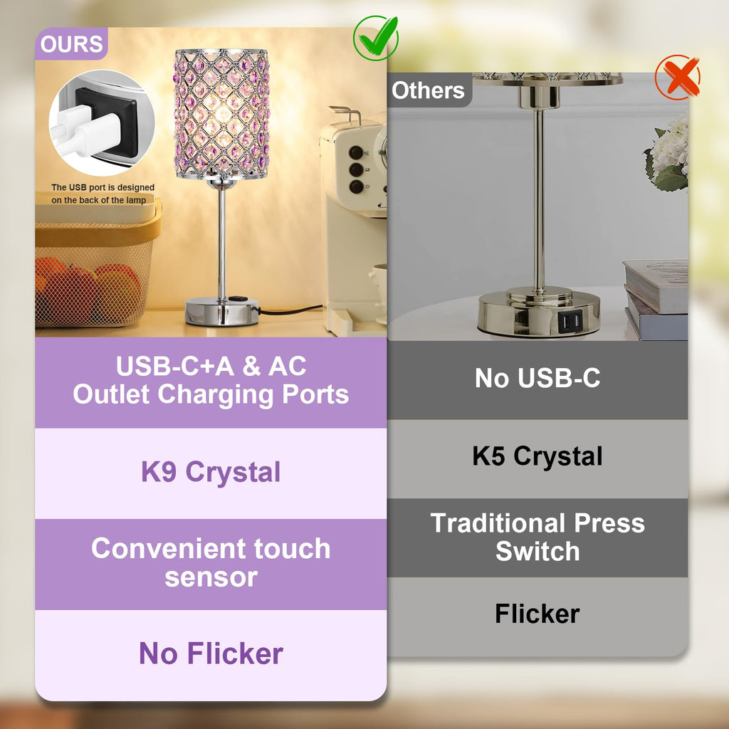 Crystal Lamps for Night Stands, Purple Table Lamp for Bedroom