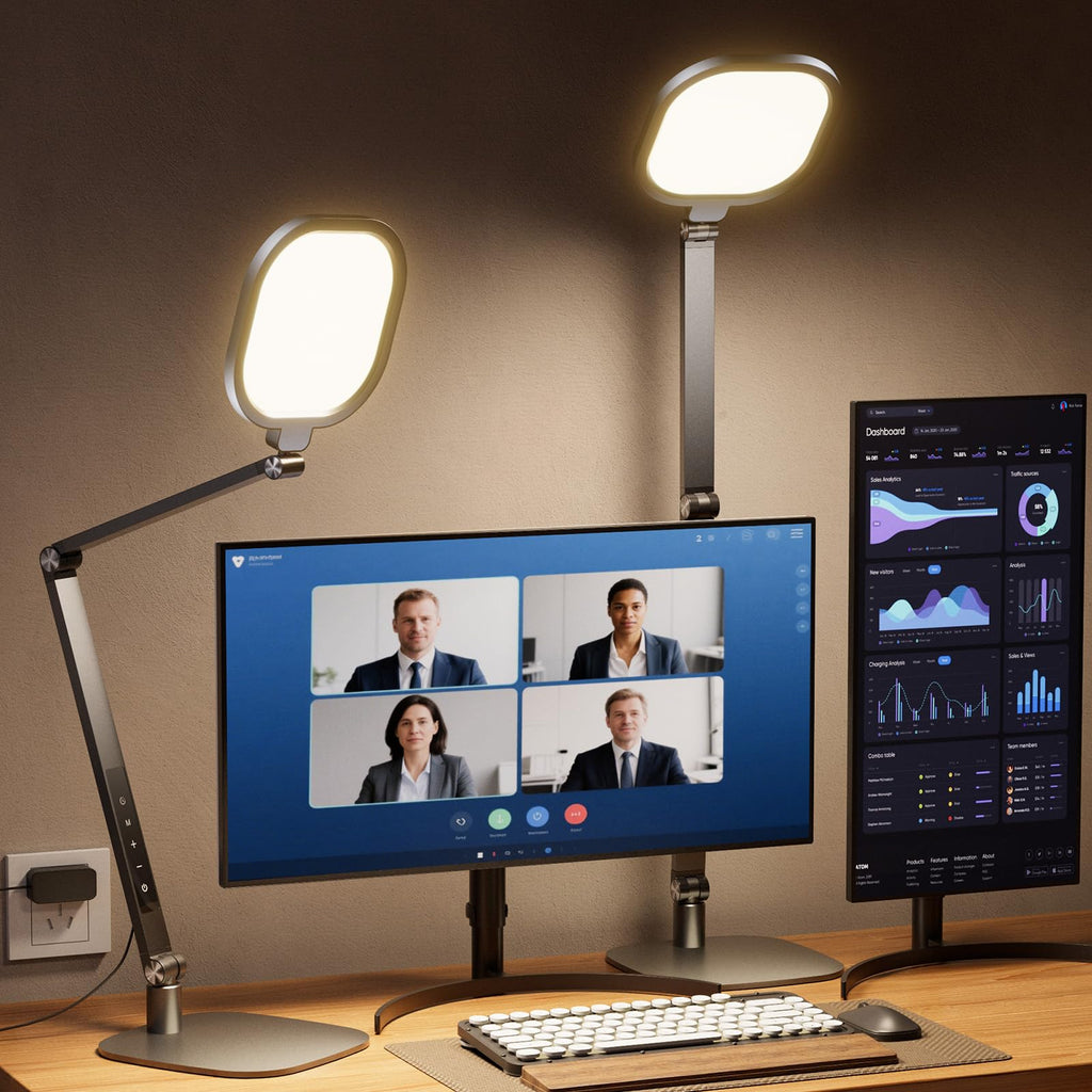 LED Desk Lamp for Office, 15W Desk Light with CRI >95, Memory & Timer Function, 1200LM Dimmable Computer Light for Video Calls, Conference, Reading, Study (Black-2packs)